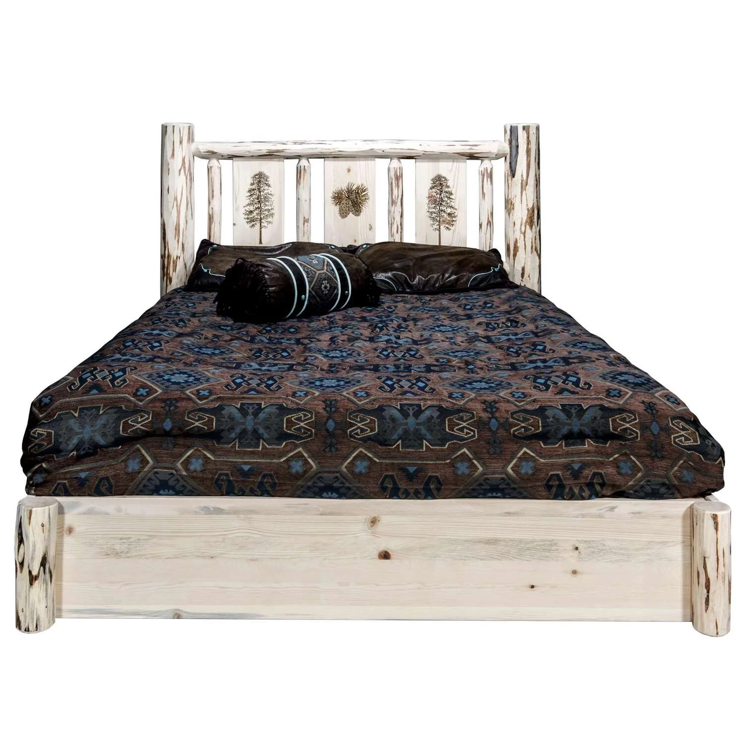 Montana Woodworks Wood King Platform Bed with Engraved Pine Design in Natural