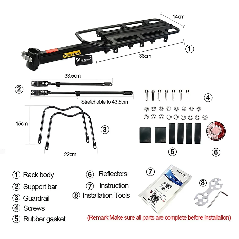 West Biking 110Lb Capacity Bike Cargo Rack Adjustable Bicycle Rear Rack with Reflective