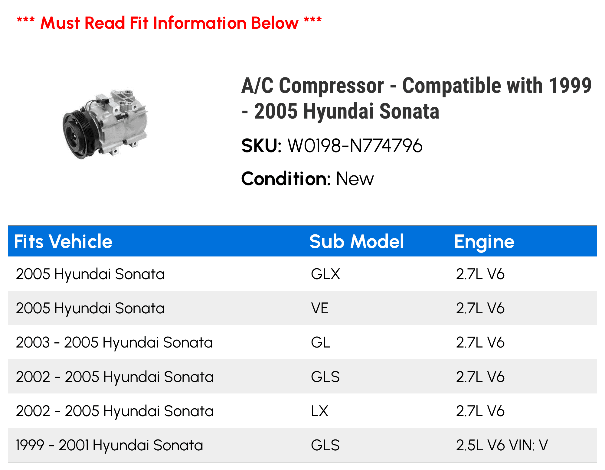 A/C Compressor - Compatible with 1999 - 2005 Hyundai Sonata 2000 2001 2002 2003 2004