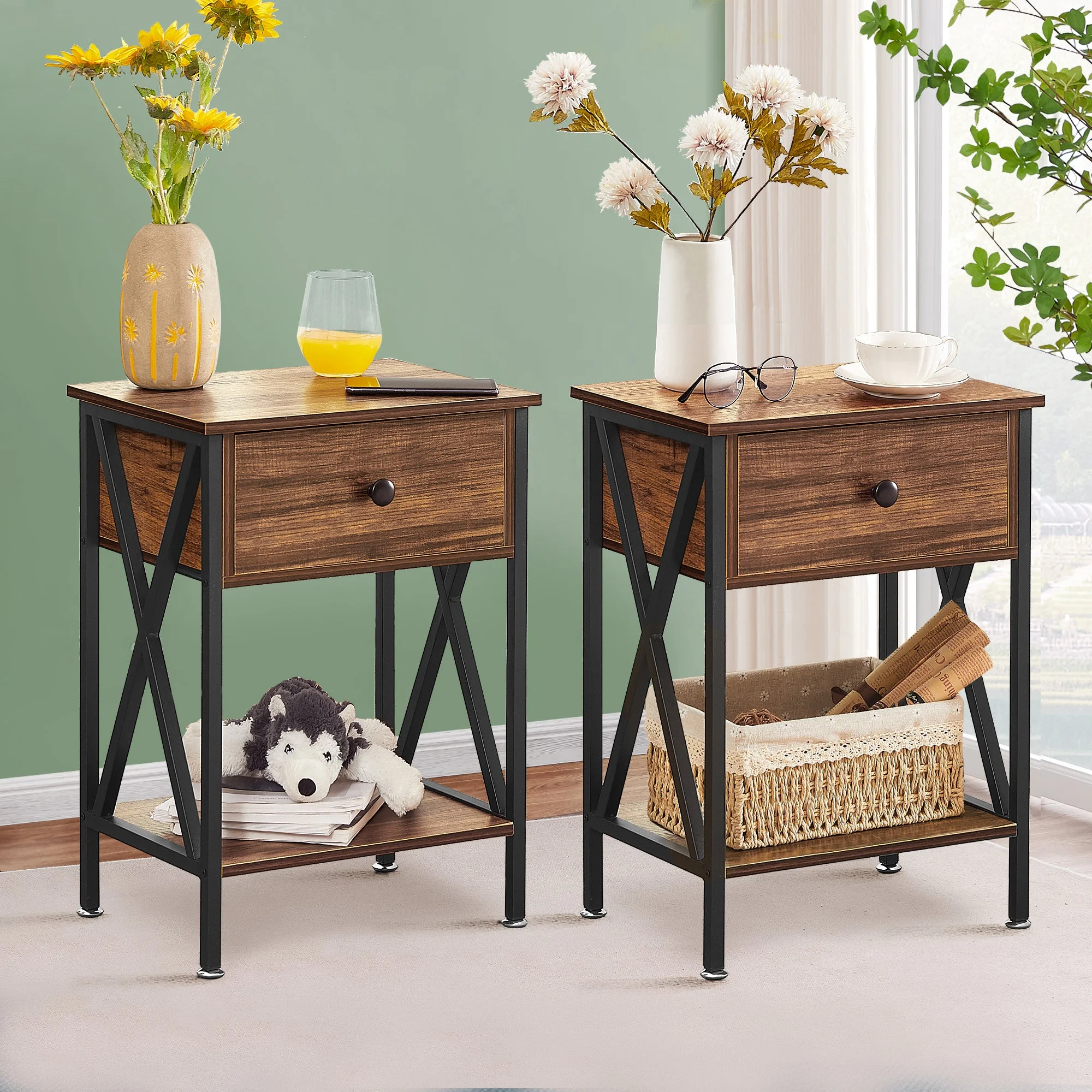 3-Piece Bedroom Sets with Queen Size Metal Platform Bed Frame and 2 Brown Nightstands