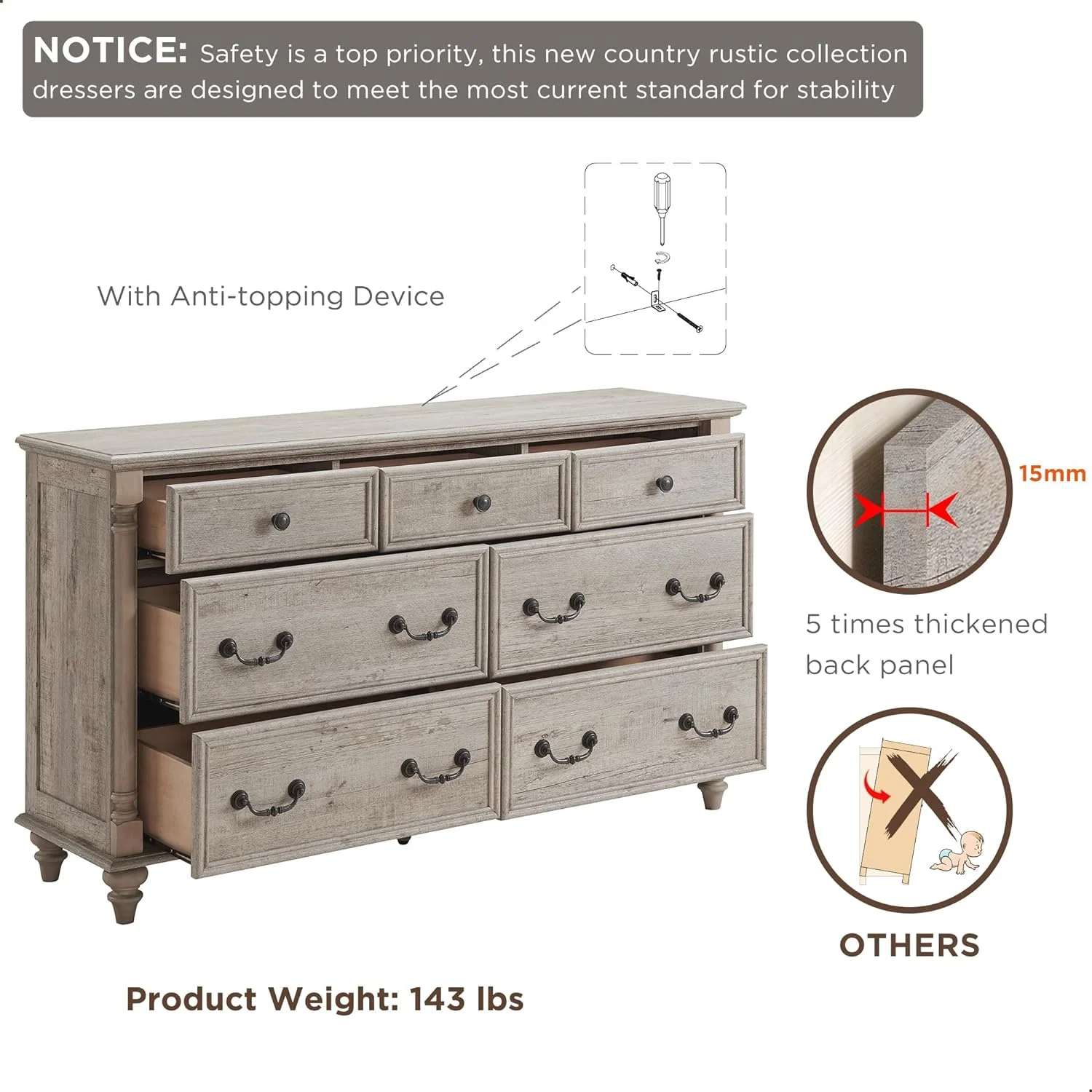 OKD 7 Drawers Dresser Chest for Bedroom Chests With Solid Wood Feet and Wood Chest of Drawers,Storage Organizer for Kids and Adult,Light Rustic Oak