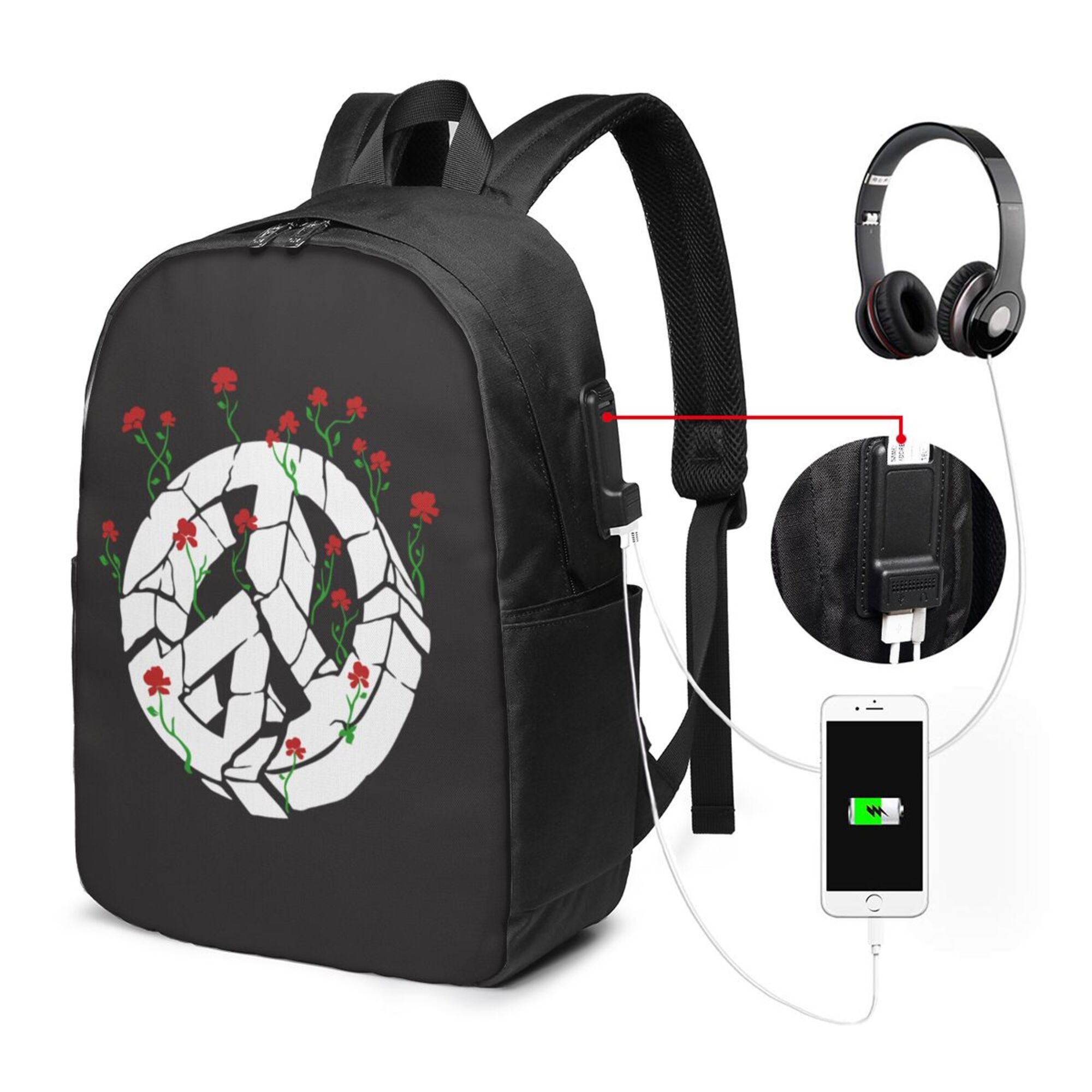 TEQUAN Travel Laptop Backpack, Roses Flowers Peace Sign Prints Outdoor Hiking Bag School Bookbag Casual Lightweight Daypack