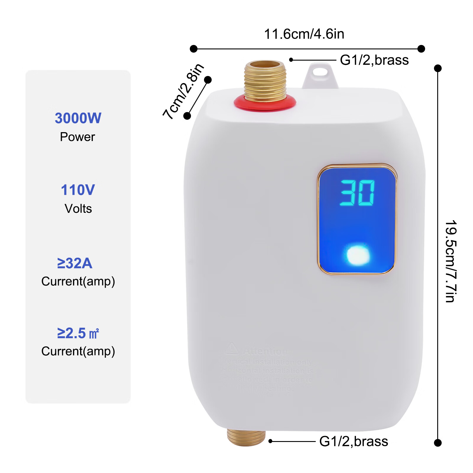 Aiqidi Instant Electric Hot Water Heater 110V 3000W Wall-mounted Under Sink Tankless Mini Boiler IPX4 Waterproof 20-50℃, White