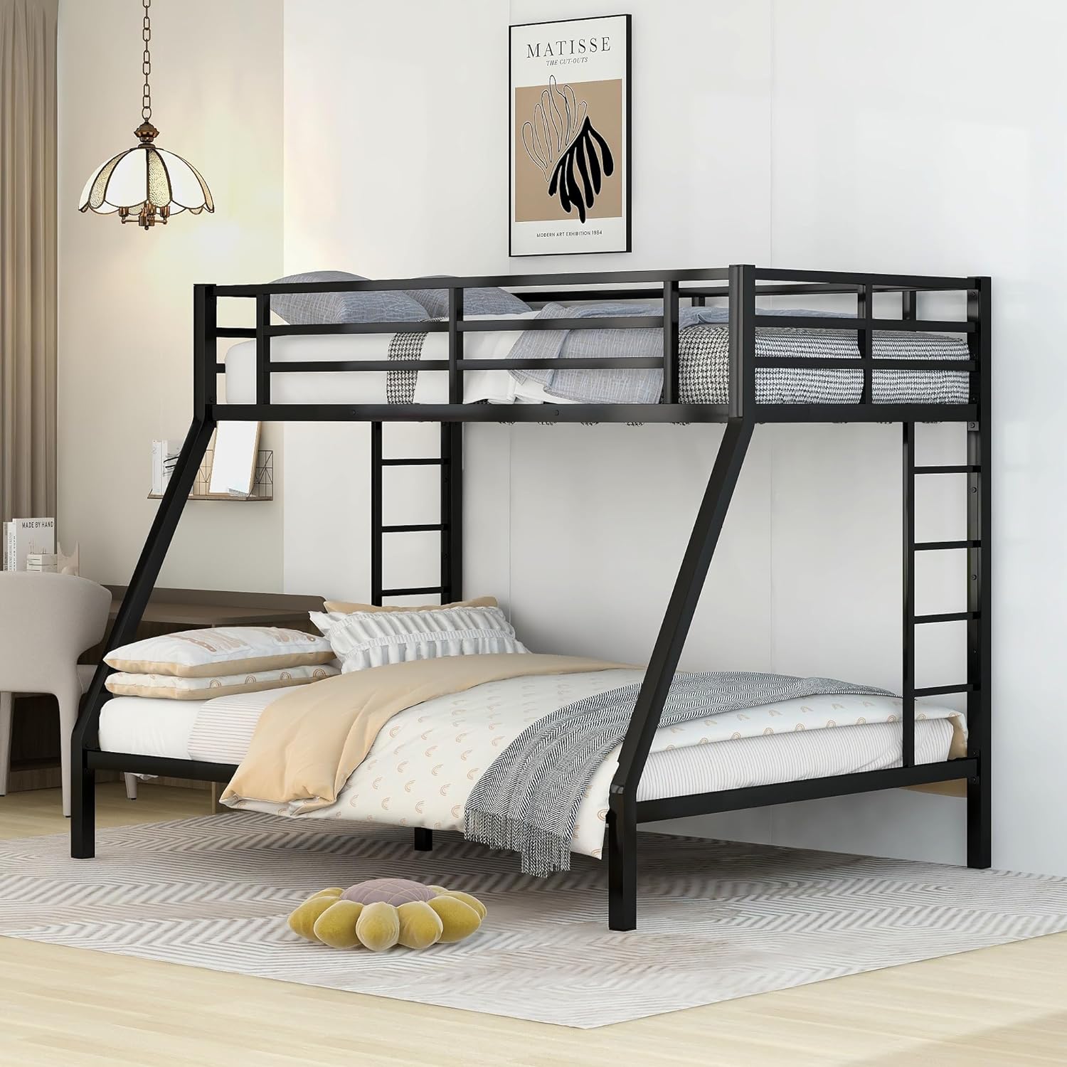 Bunk Bed XL Over Queen Metal Bunk Bed Frame With 2 Ladders And Guardrails, Black