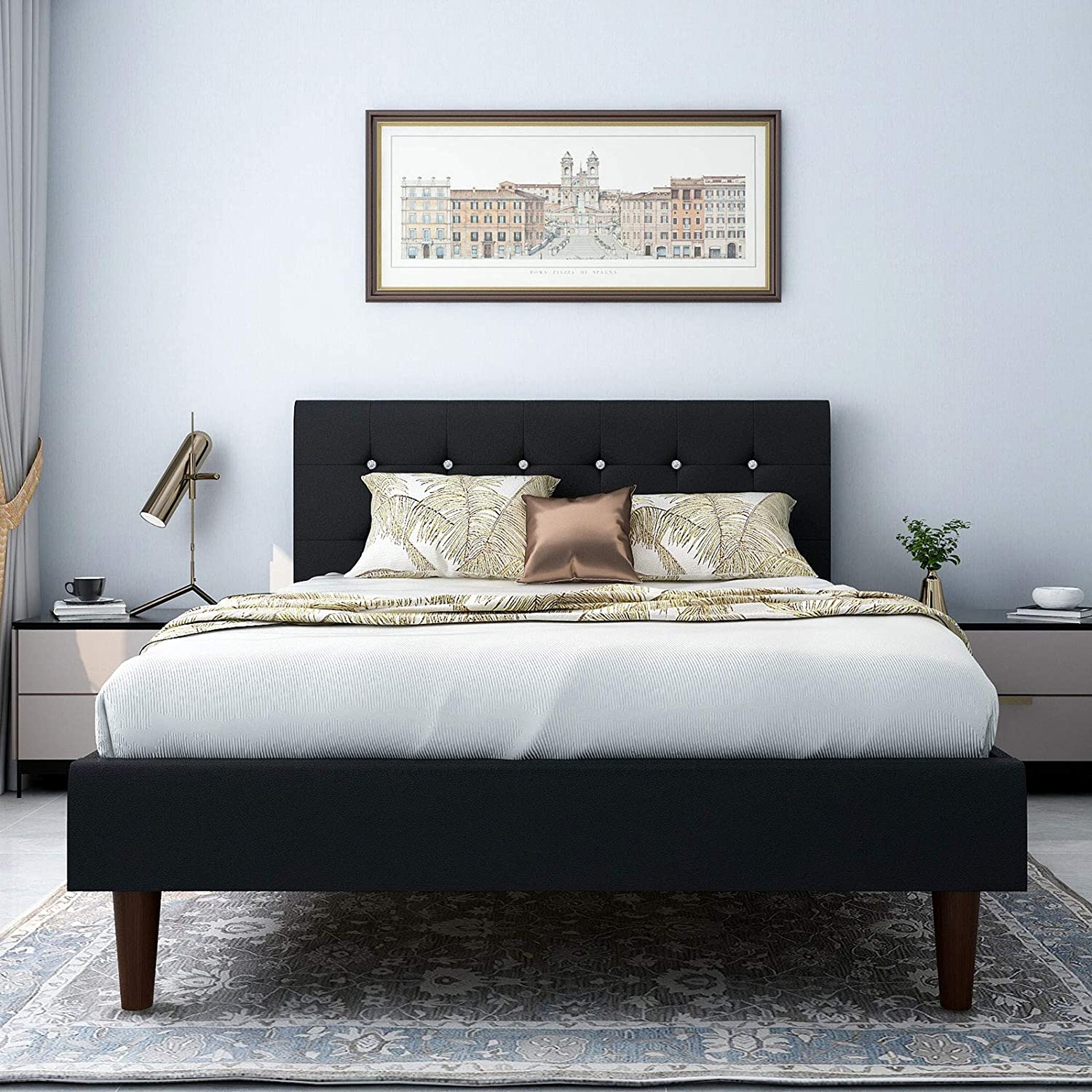 Leather Platform Bed Queen Size Bed Frame with Crystal-Button Tufted Headboard Wood Slat Sopport and Bed Feet (Beige  Queen)