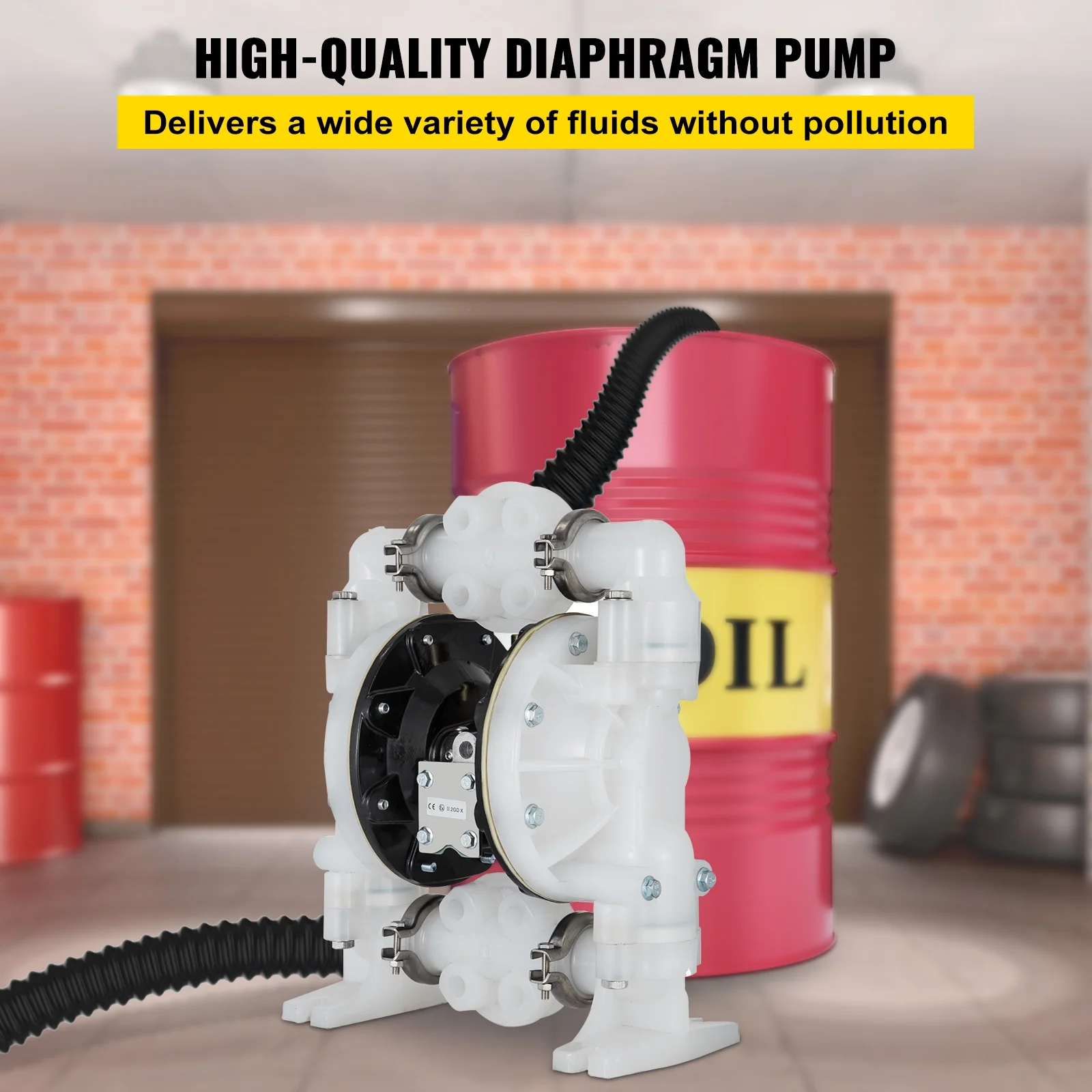VEVOR Air-Operated Double Diaphragm Pump1 inch Inlet/Outlet 30GPM Polypropylene Max 120PSI for Chemical and Industrial Use