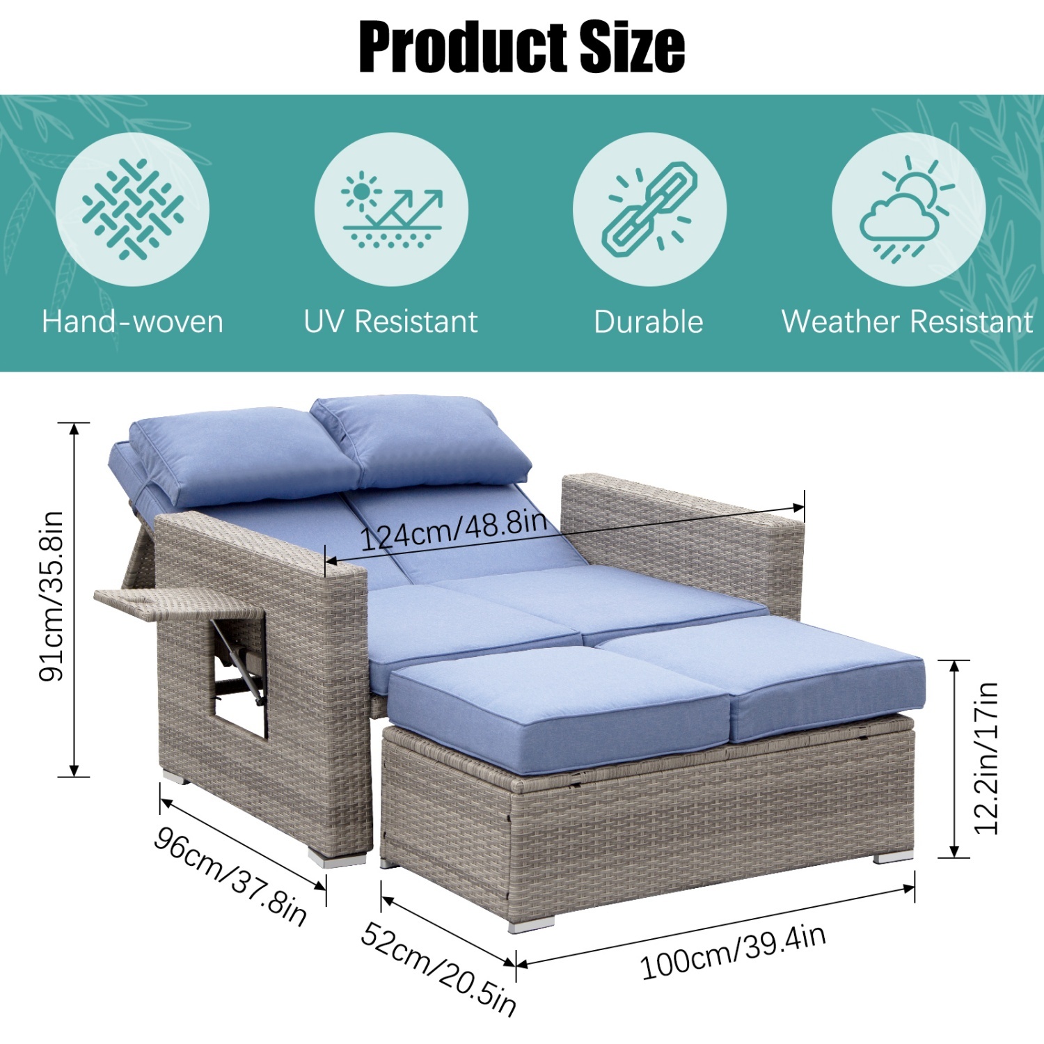 PE Wicker Rattan Double Chaise Lounge,2-Person Reclining Daybed with Adjustable Back and Cushions,Free Furniture Protection