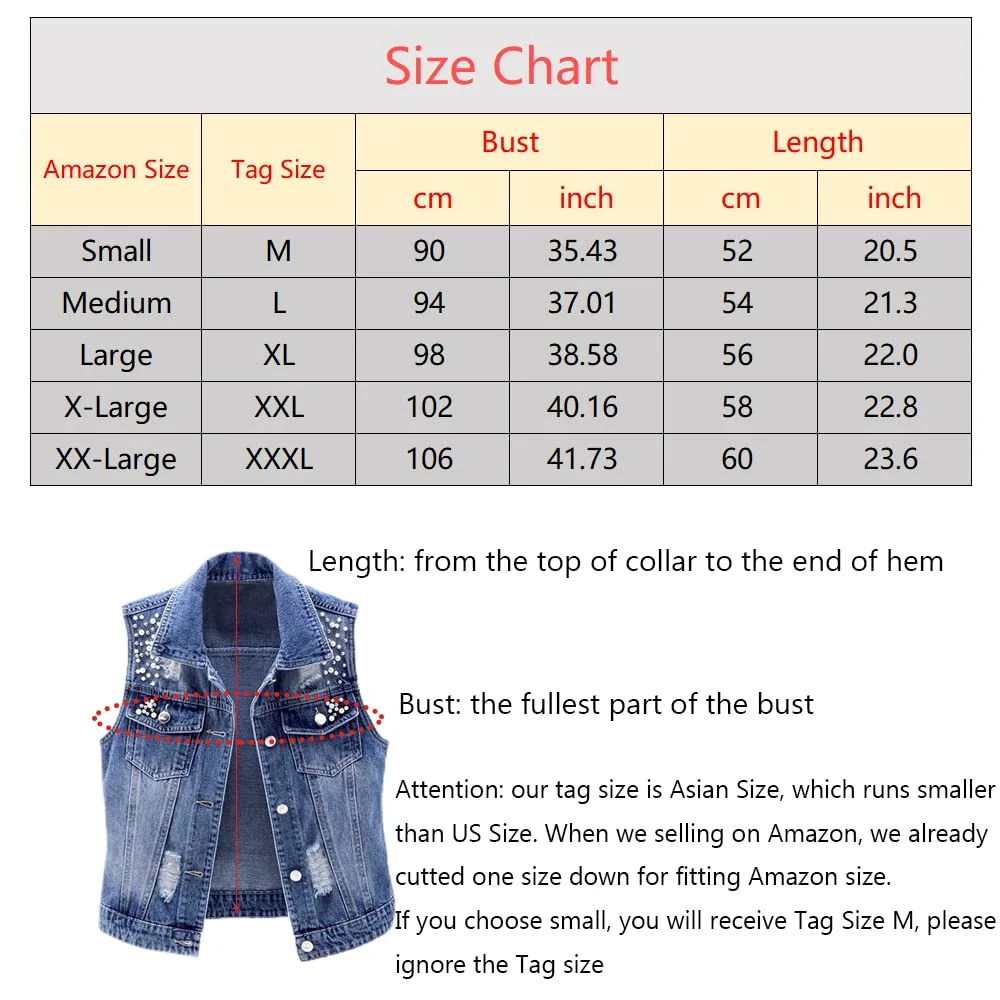 YM YOUMU Womens Beading Pearls Sleeveless Denim Vest Jean Jacket Coat
