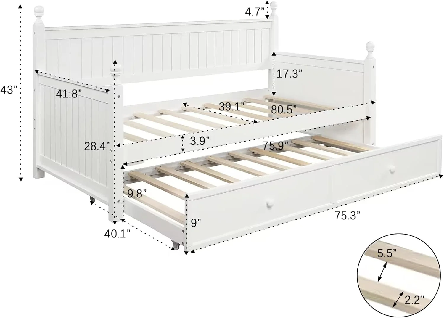 Wood Daybed With Trundle, Size Sofa Bed Frame, Modern Daybed For Kids Teens Adults, No Box Spring Needed (White)