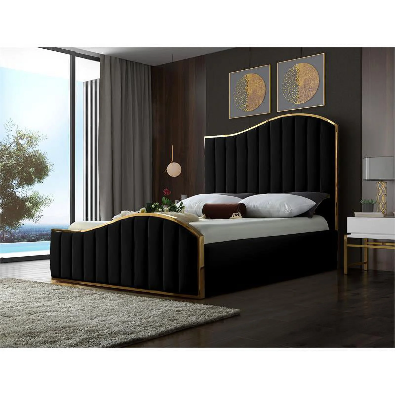 Maklaine Contemporary Solid Wood and Velvet King Bed in Black