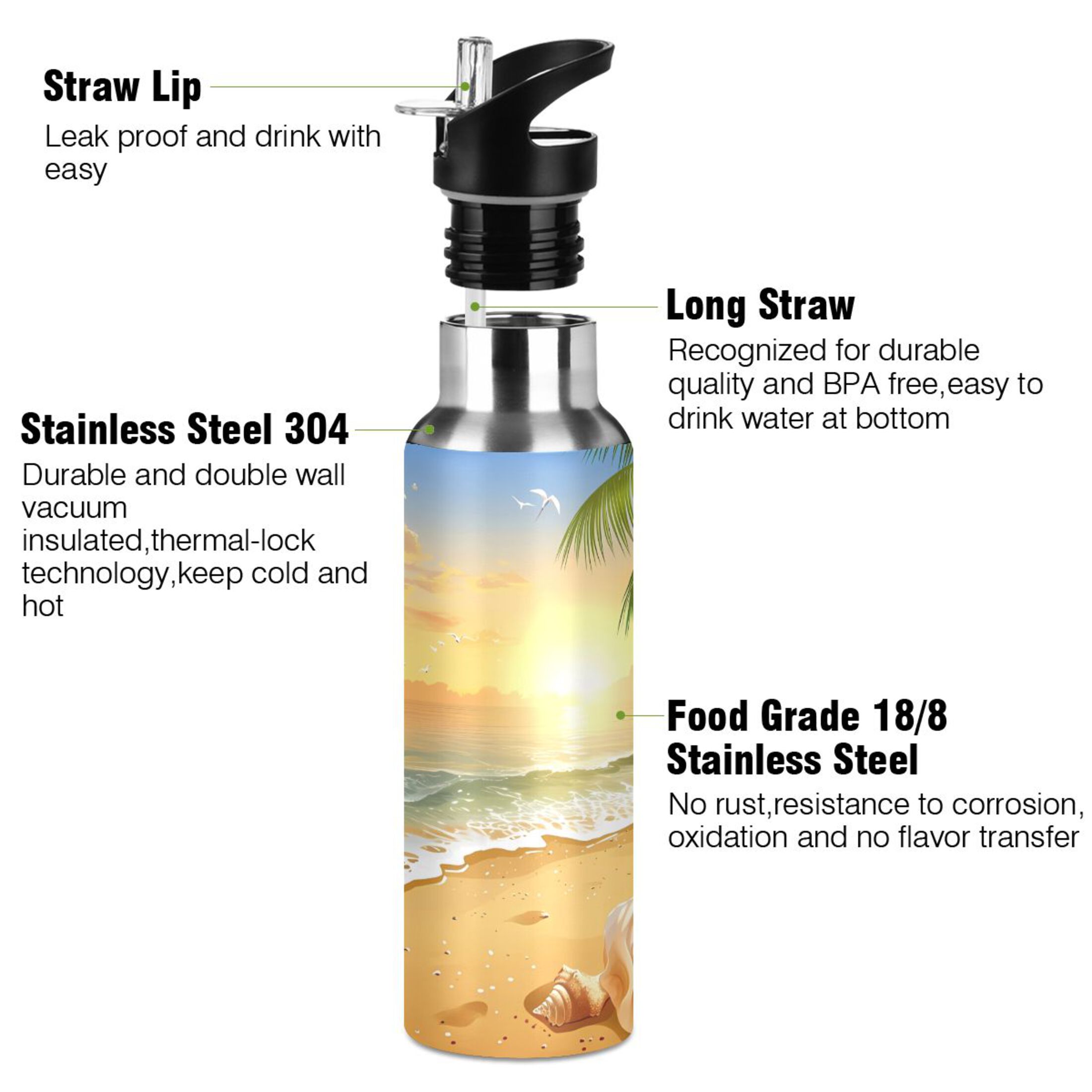 Seastar Seashell with Sunset Water Bottles Insulated Thermos Kids Stainless Steel Bottle with Straw Lid Flask Leakproof for Sports Gym 20 oz