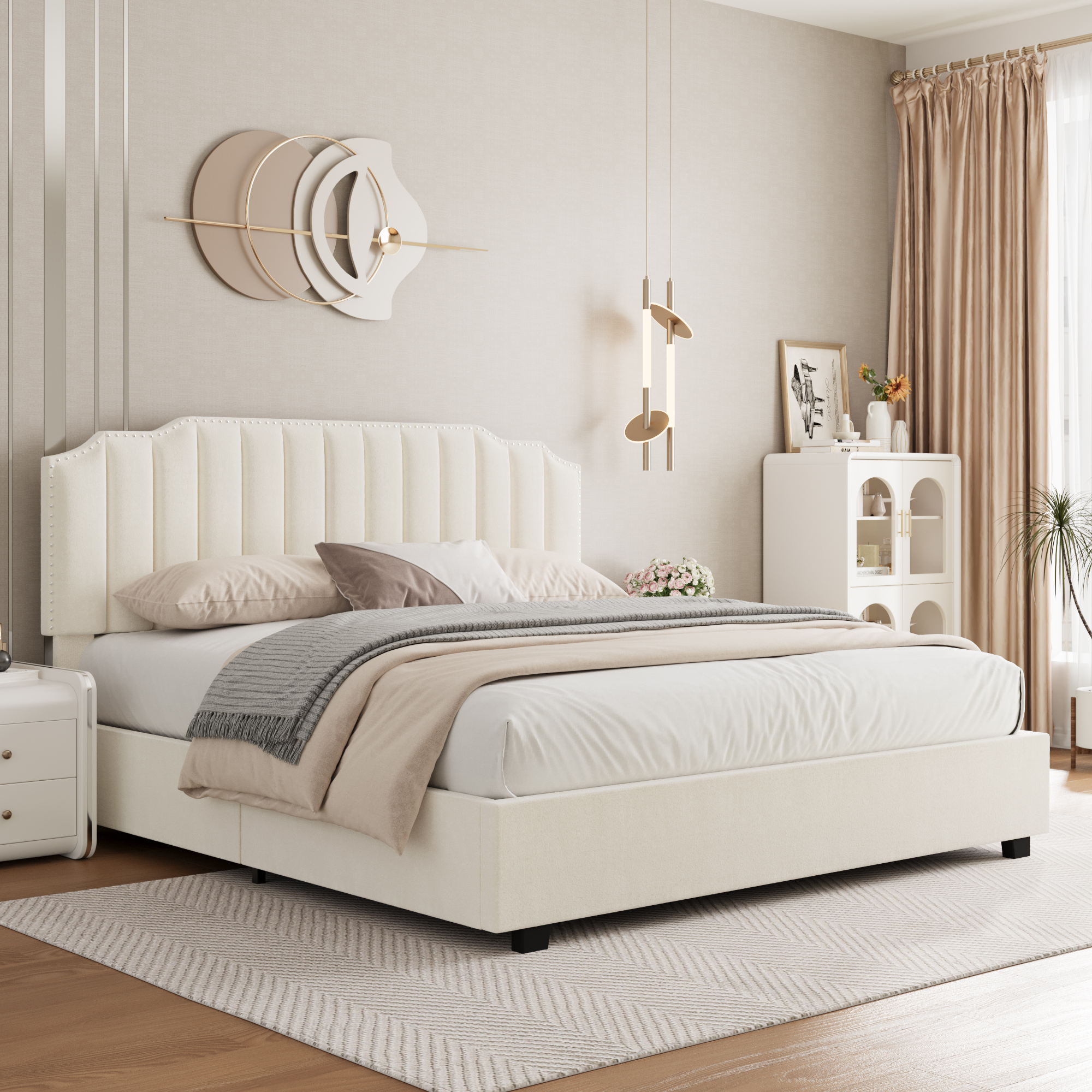 Beige Velvet Queen Bed with Easy Lift-Up Feature for Spacious Underbed Storage
