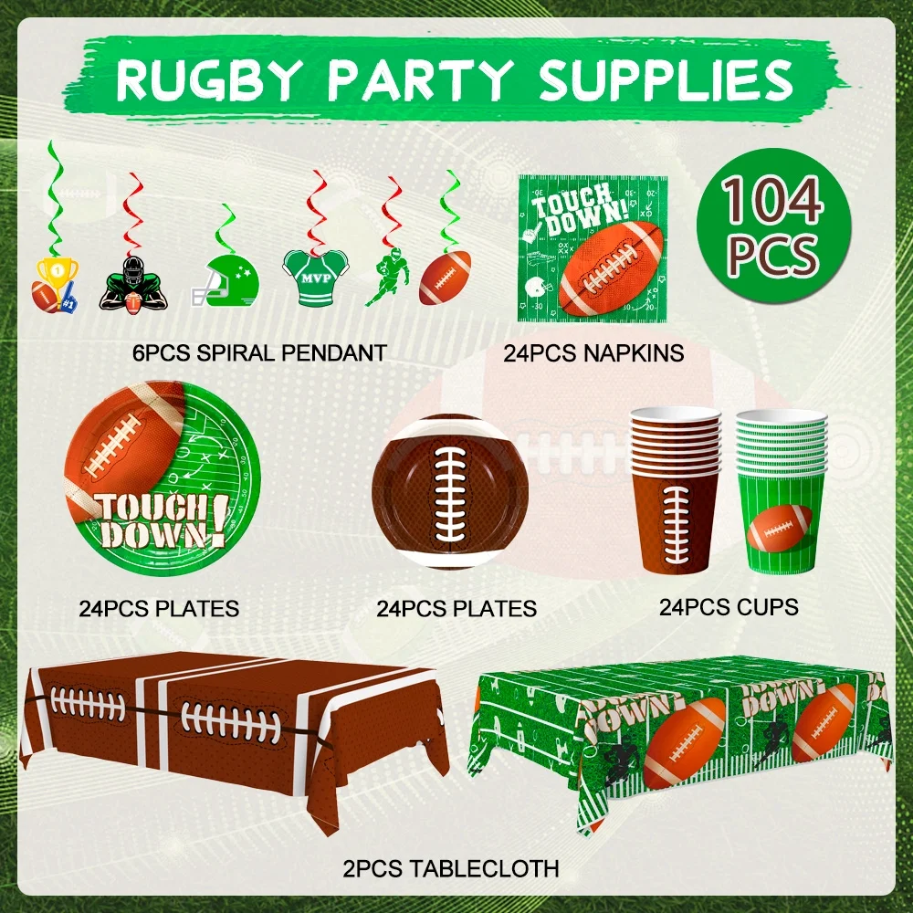 Football Birthday Party Supplies Serve 24, 104pcs Football Party Tableware Set - Football Party Plates Napkins Tablecloth etc Football Party Supplies for Boys Super Bowl Party