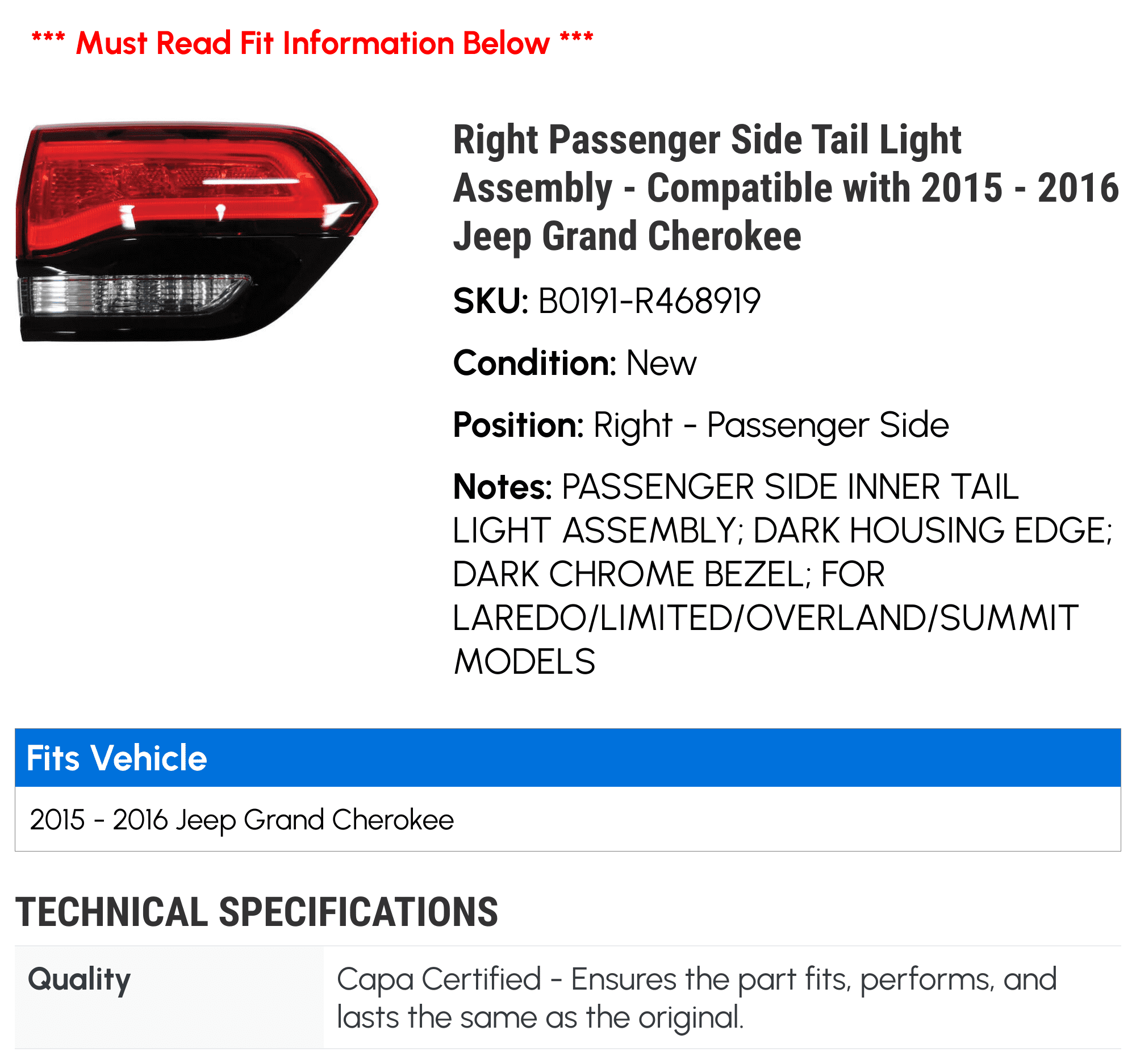Right Passenger Side Tail Light Assembly - Compatible with 2015 - 2016 Jeep Grand Cherokee