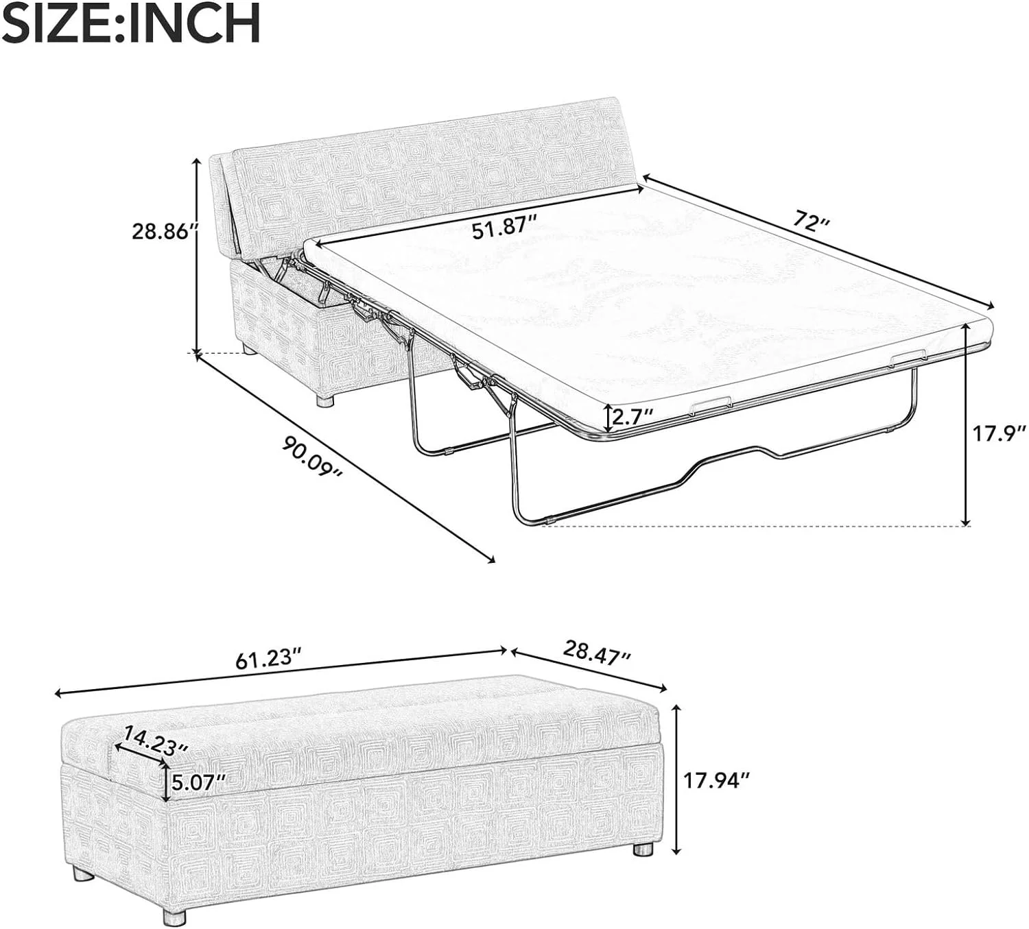 Folding Ottoman Bed Full Size with Mattress, Pull Out Linen Sleeper Sofa Bed Convertible Guest Bed, Murphy Bed for Living Room Apartment Bedroom, Space Saving, Light Gray