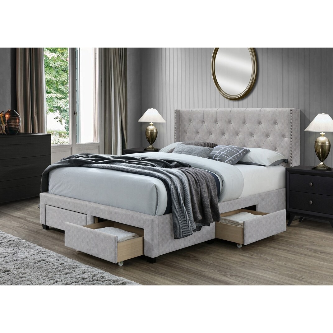 DG Casa Bardy Beige or Grey Wingback Tufted Upholstered 4 Drawer Storage Bed Storage Bed, Wingback Beige Queen