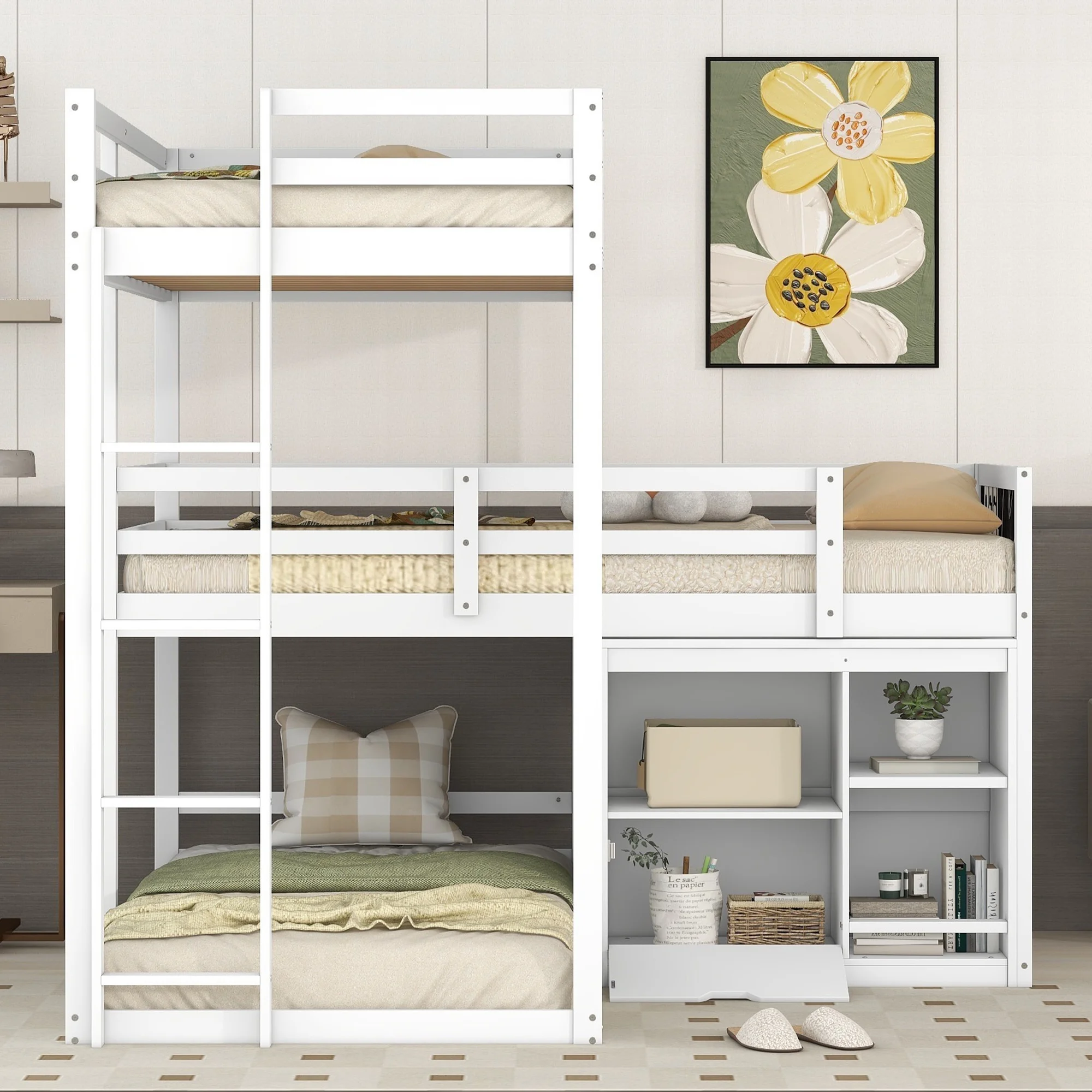 Dawn Whisper Modern L-Shaped Wood Triple Twin Bunk Bed with Storage Cabinet and Blackboard, White