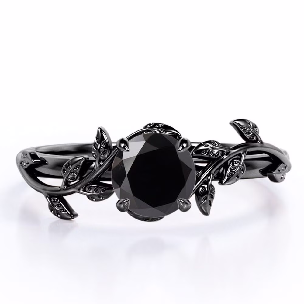JeenMata 0.50 Carat - Round Cut Lab Created Black Diamond Ring - Leaf & Vine Engagement Ring - 18K Black Gold Plating Over Silver