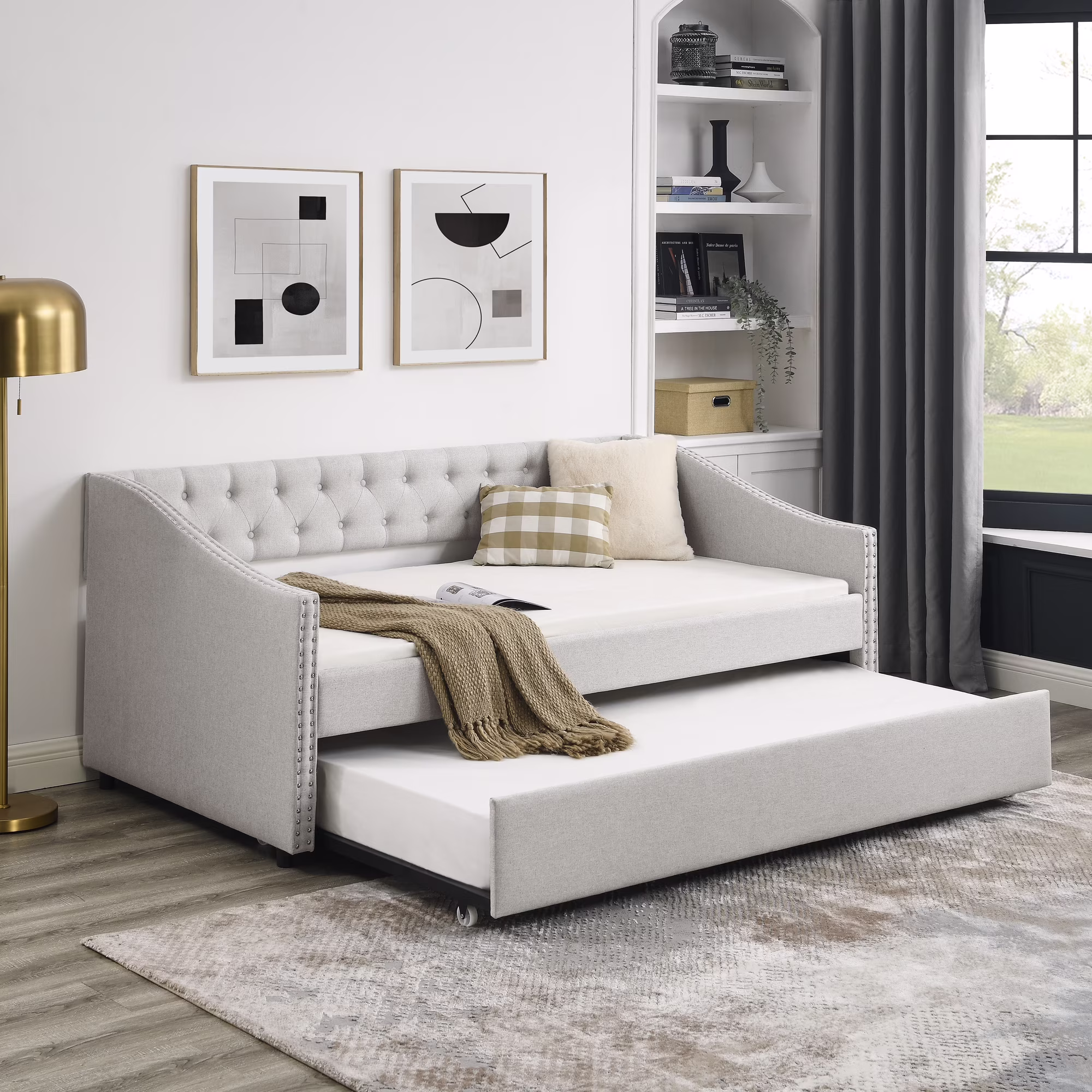 CoSoTower Twin Size Daybed with Twin Size Trundle Upholstered Tufted Sofa Bed, with Button on Back and Copper Nail on Waved Shape Arms, Beige, 80.5