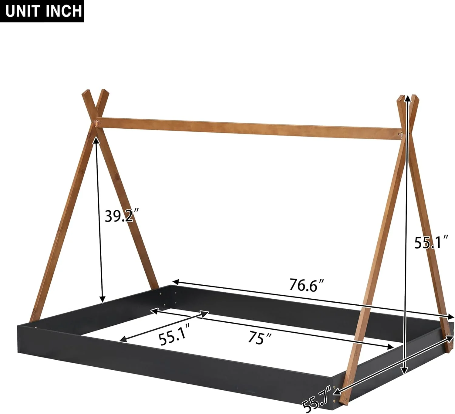 Full Size Teepee Bed For Kids,Full Floor Bed Frame With Triagle Structure,Wood Motessori Floor Bed For Girls Boys Bedroom Furiture,Black+Brow