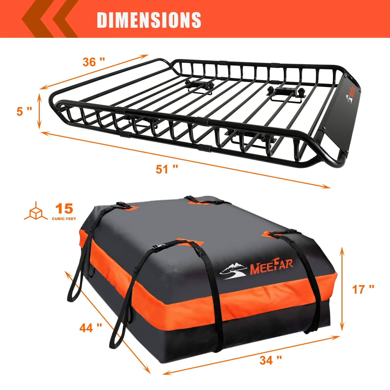 MeeFar Roof Top Rack Cargo Carrier Basket & 15 cu.ft. Waterproof Bag Fit Cross Bars