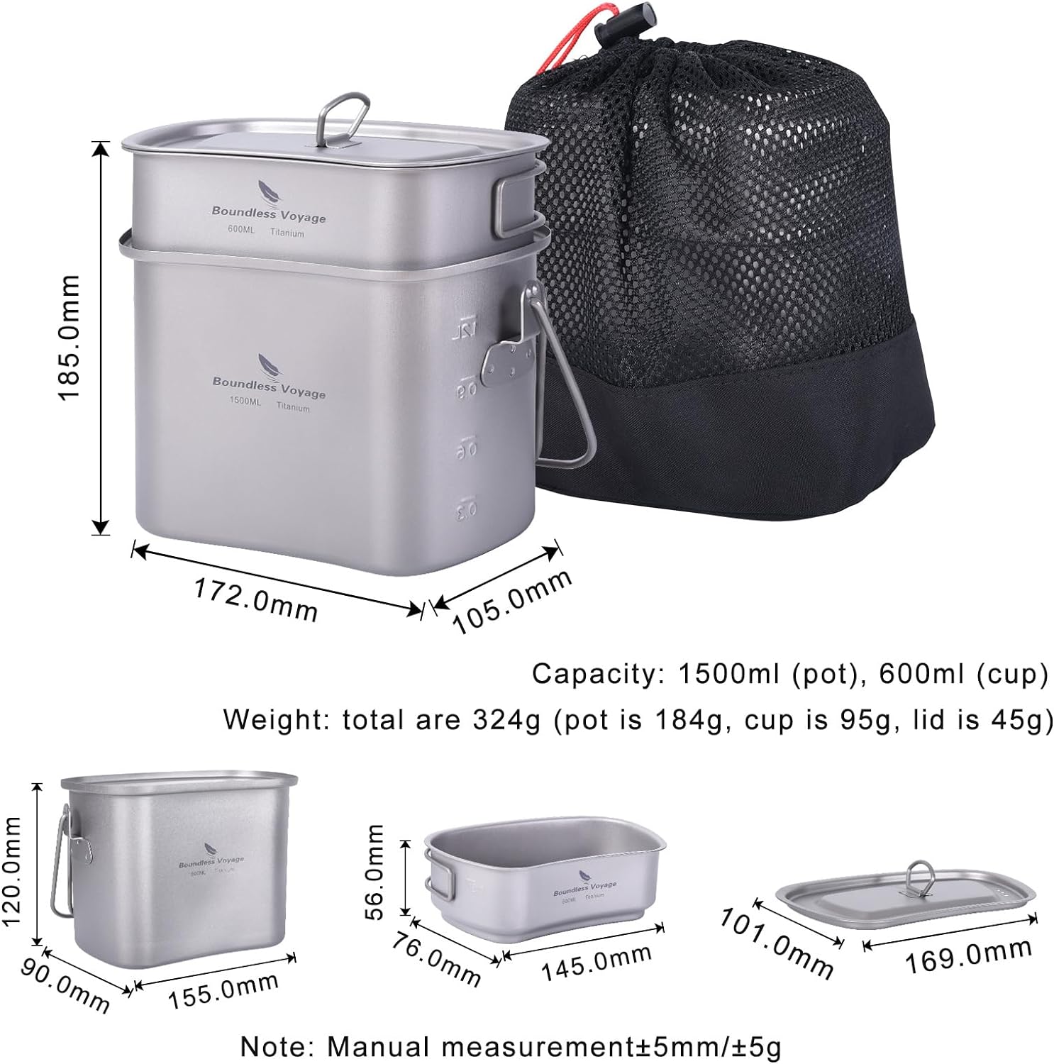 Canteen Cup Mess Kit Camping Kidney-Shaped Hanging Pot Outdoor Cooking Set with Lid & Handles Ti2059C