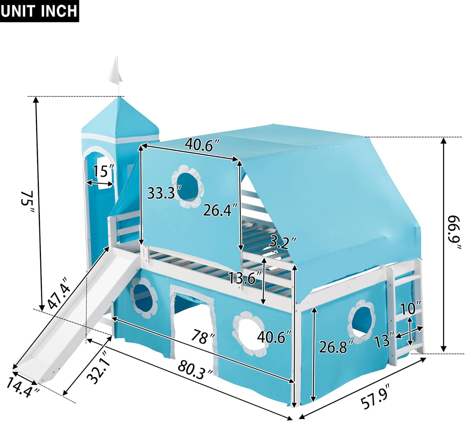 Low Loft Bed With Slide Ad Tet, Full Over Full Floor Buk Bed With Blue Curtais Ad Tower, Wood Castle Loft Beds For Kids Boys Girls