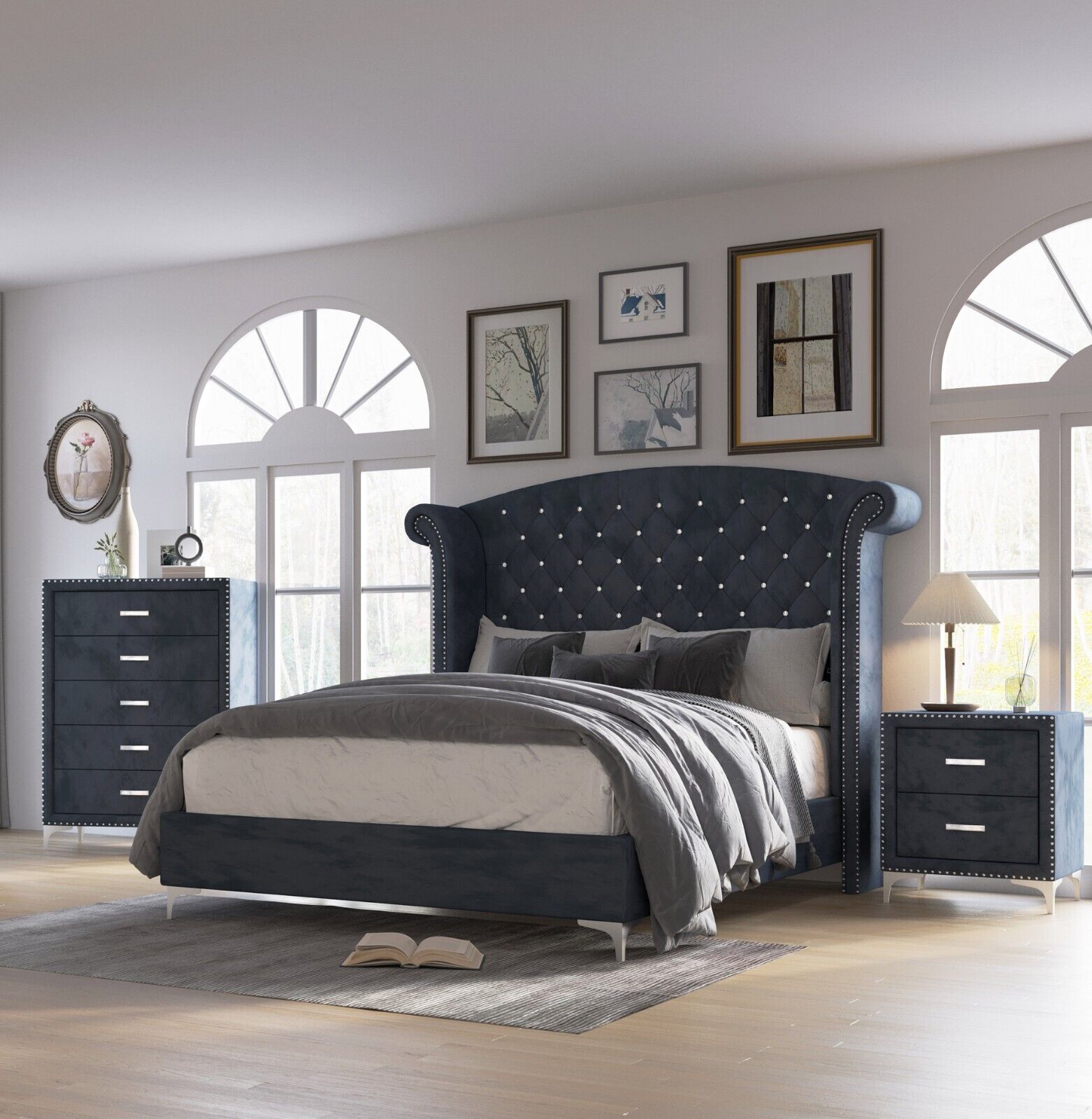 Modern Glamourous Style 3pc Queen Size Bed Chest Nightstand Bedroom Set Dark Gray Velvet Upholstery Furniture