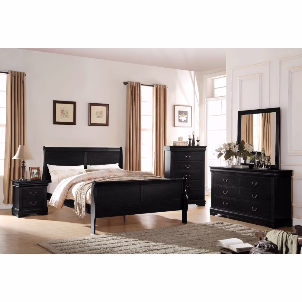 Contemporary Louis Phillippe Bedroom Furniture 4pc Set Black Color Full Size Bed
