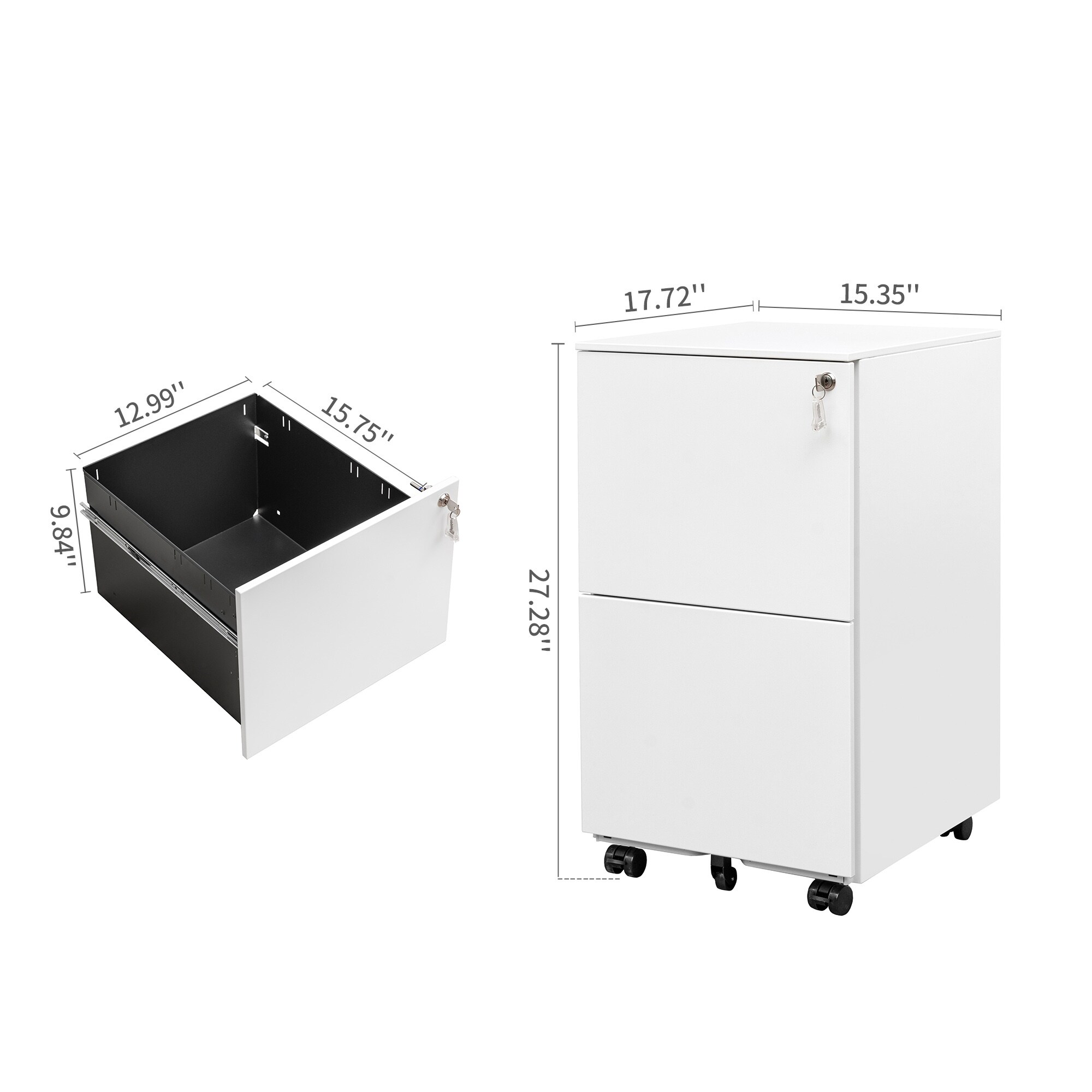 BESTCOSTY 2 Drawer Steel Mobile Filing Cabinet with Lock and Anti-tilt Wheels White