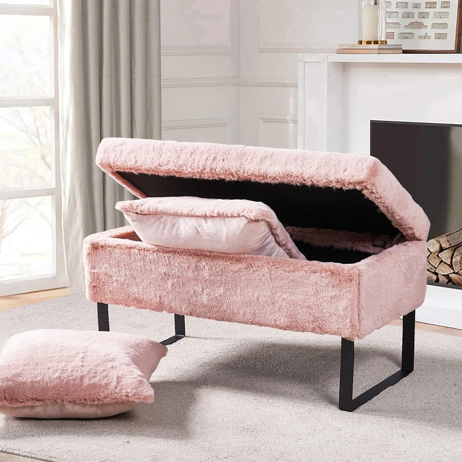 Heavy Faux Fur Storage Ottoman, 36'' X 18'' X 19''H / 20'' X 20'' Pillow Set, Rose Quartz, Foot Rest Stool Ottoman Living Room Bedroom End Of Bed Makeup Entryway Bench Throw Pillow