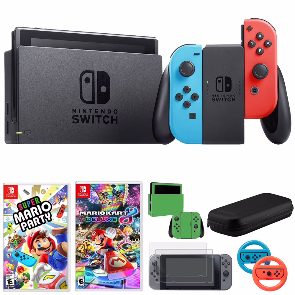 Nintendo Switch 32 GB Console w/ Neon Blue and Red Joy-Con (HACSKABAA) + Gaming & Accessories Bundle Includes, Nintendo Mario Kart 8 Deluxe, Nintendo Super Mario Party, 2-Pack Steering Wheel + More