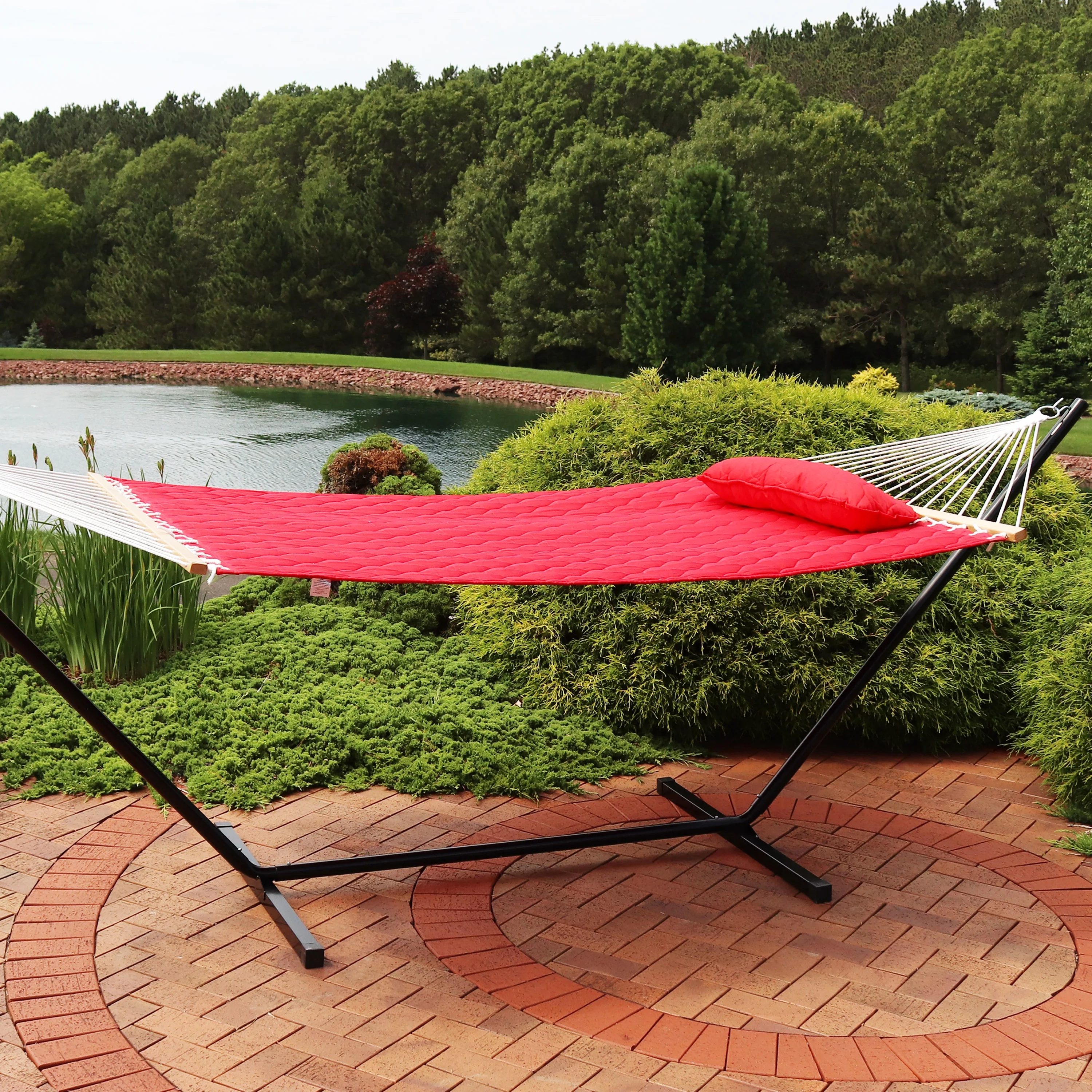 Sunnydaze 2-Person Quilted Hammock with Bolster Pillow - Red