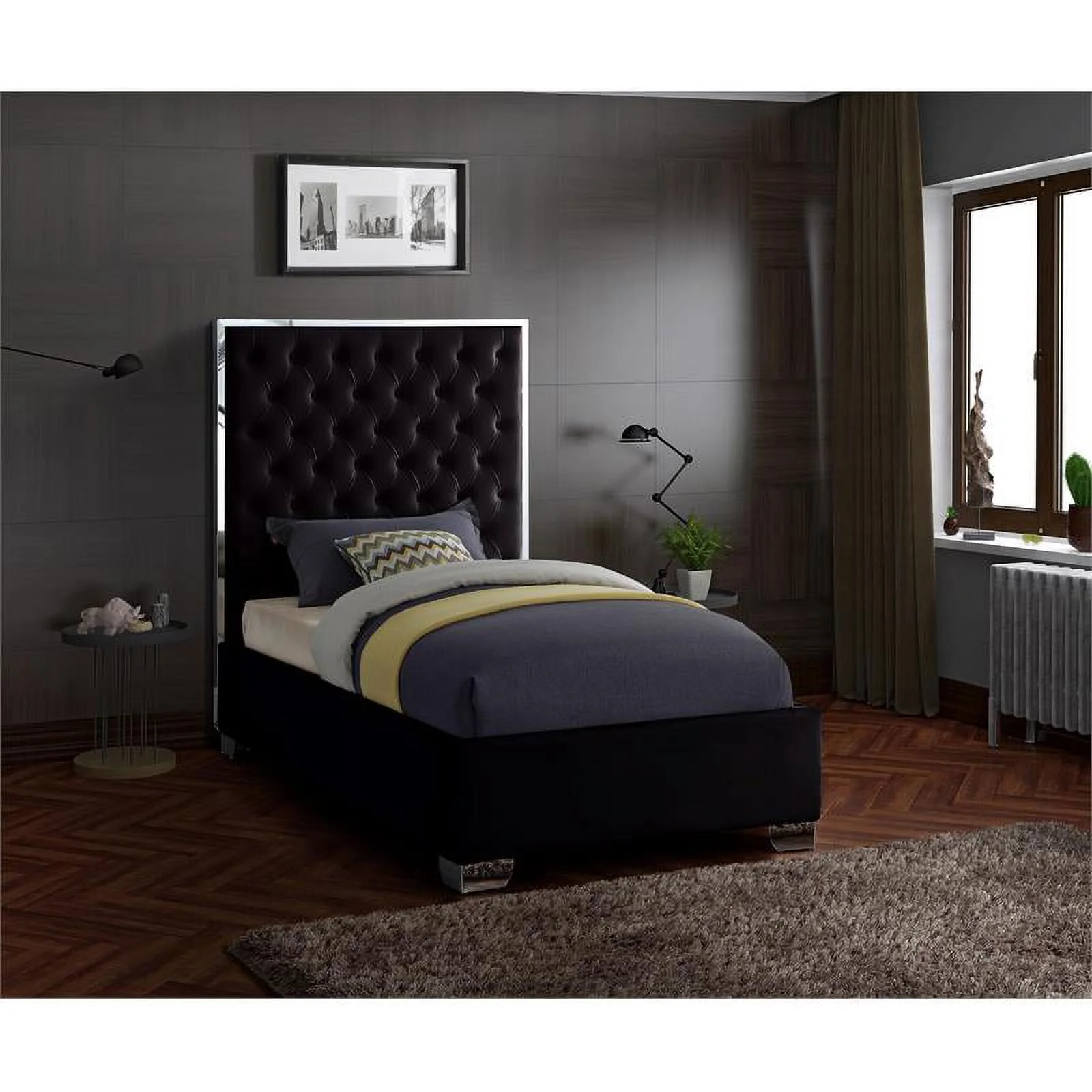 Maklaine Contemporary Solid Wood and Velvet Twin Bed in Black