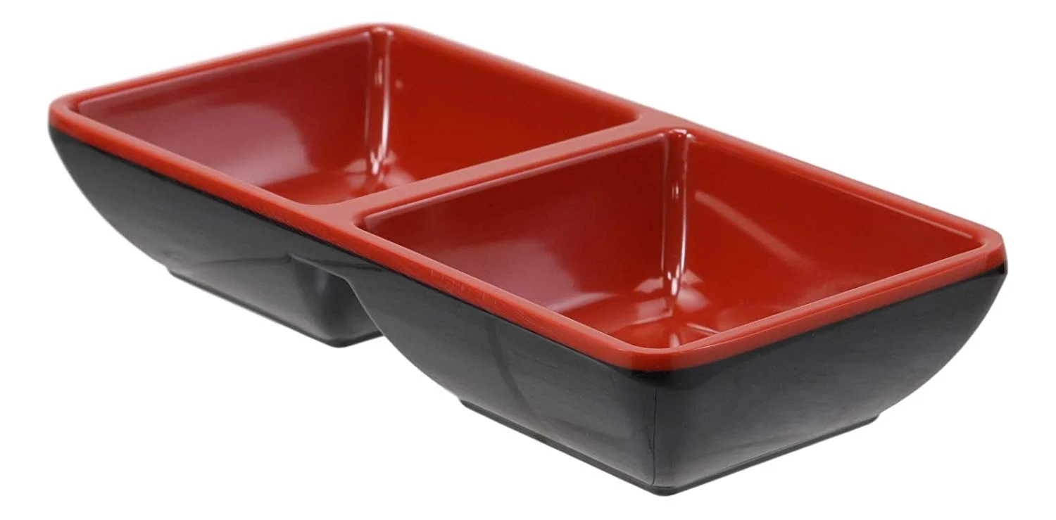 Ebros Red And Black Melamine Condiments Ketchup BBQ Soy Saucer Dish With Divider