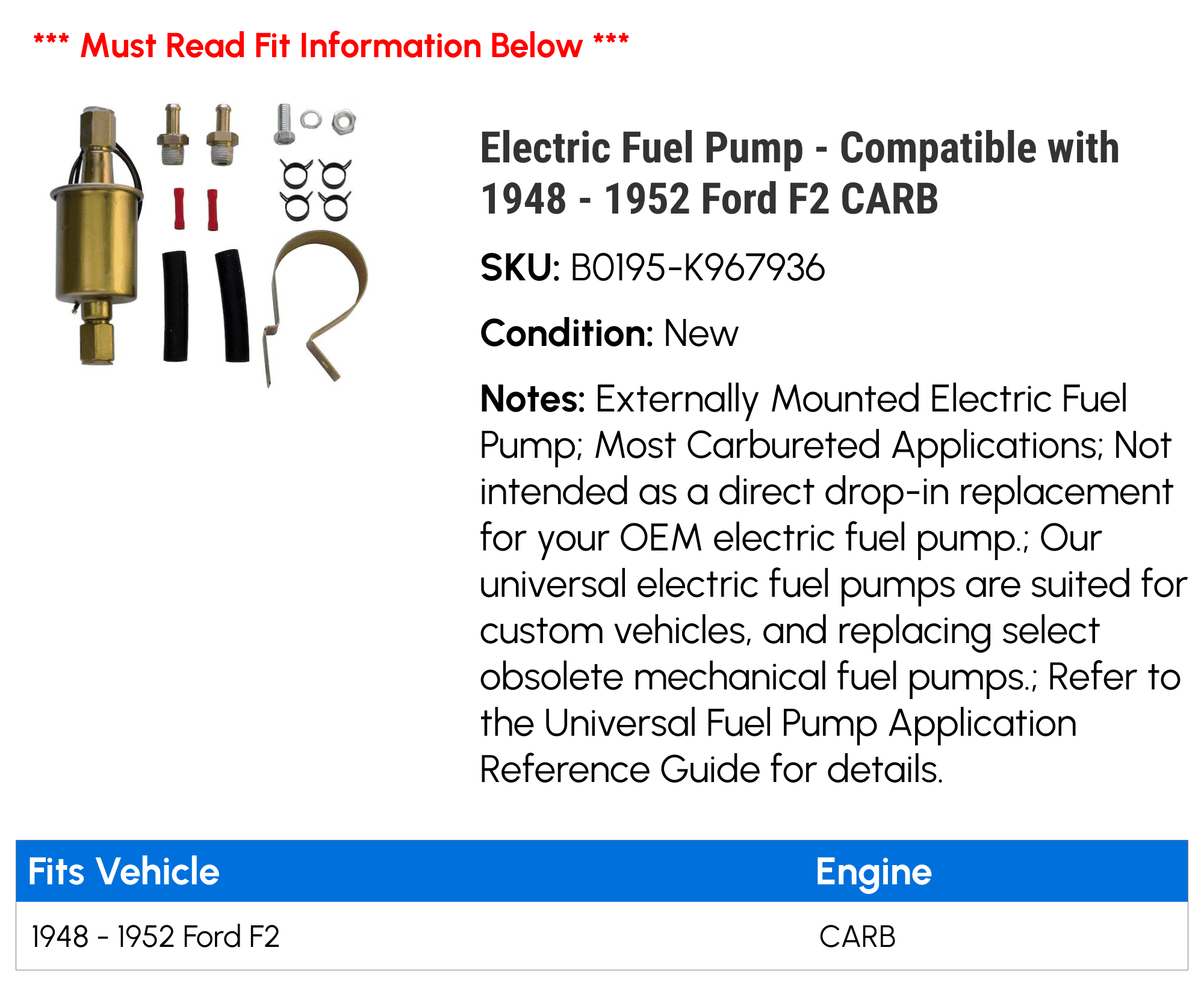 Electric Fuel Pump - Compatible with 1948 - 1952 Ford F2 CARB 1949 1950 1951