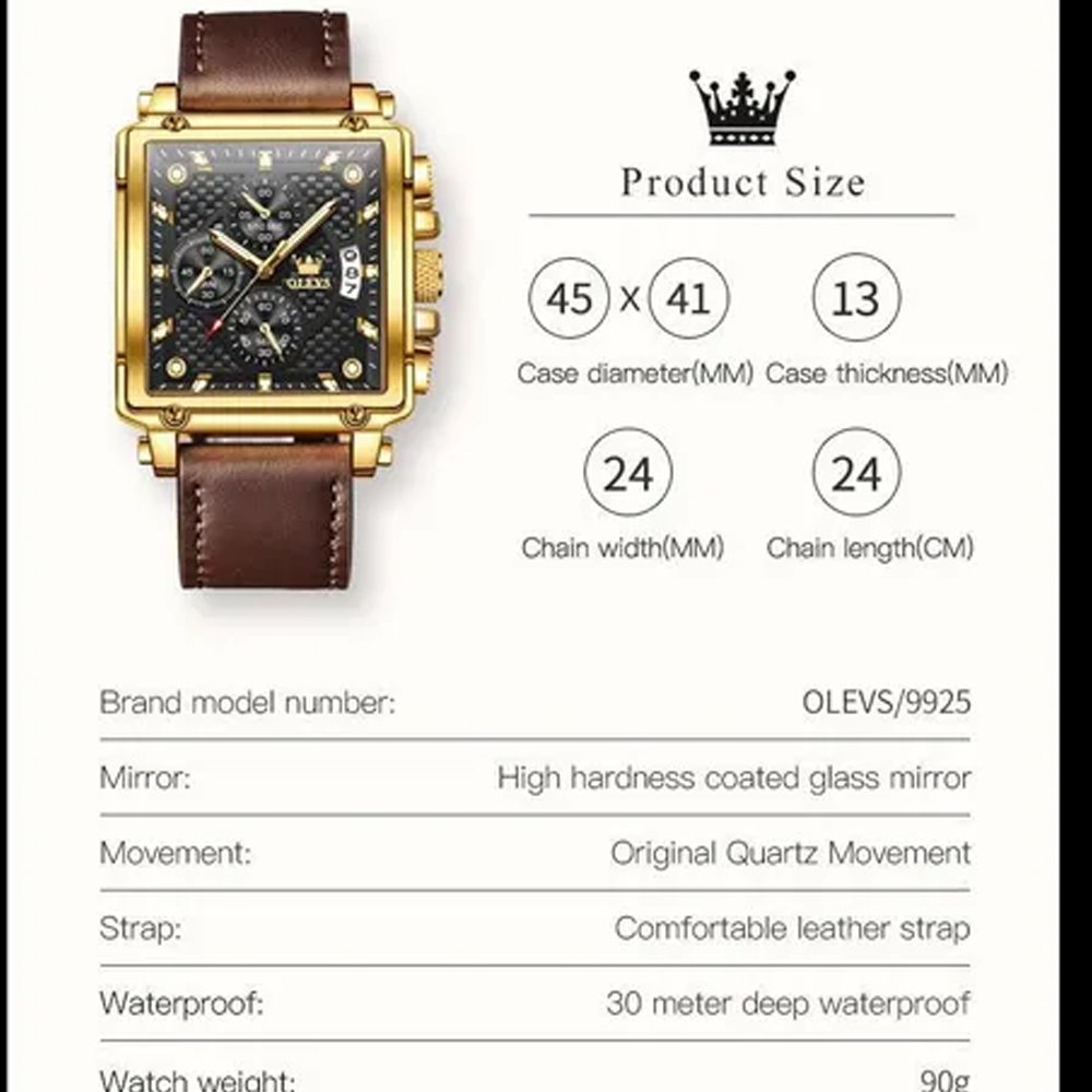 OLEVS Men's Square Watch Brown Leather Chronograph Fashion Business Watch Luminous Waterproof Casual Watch Luxury Men's Watch