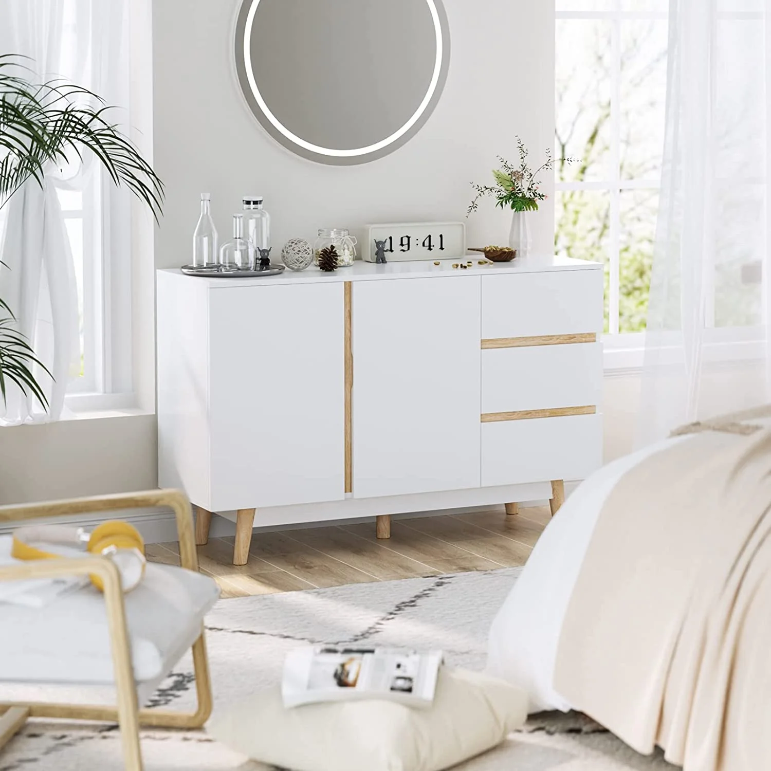 Popular White Dresser for Bedroom  Modern Dresser Wood Dresser with 3 Drawers and 2 Doors  Wide Chest of Drawers  Wood Storage Drawer Cabinet for Bedroom  Living Room  Hallway