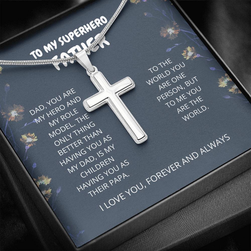 Father - My Hero - Artisan Cross Necklace, Dad, Father's Day, Birthday Gift