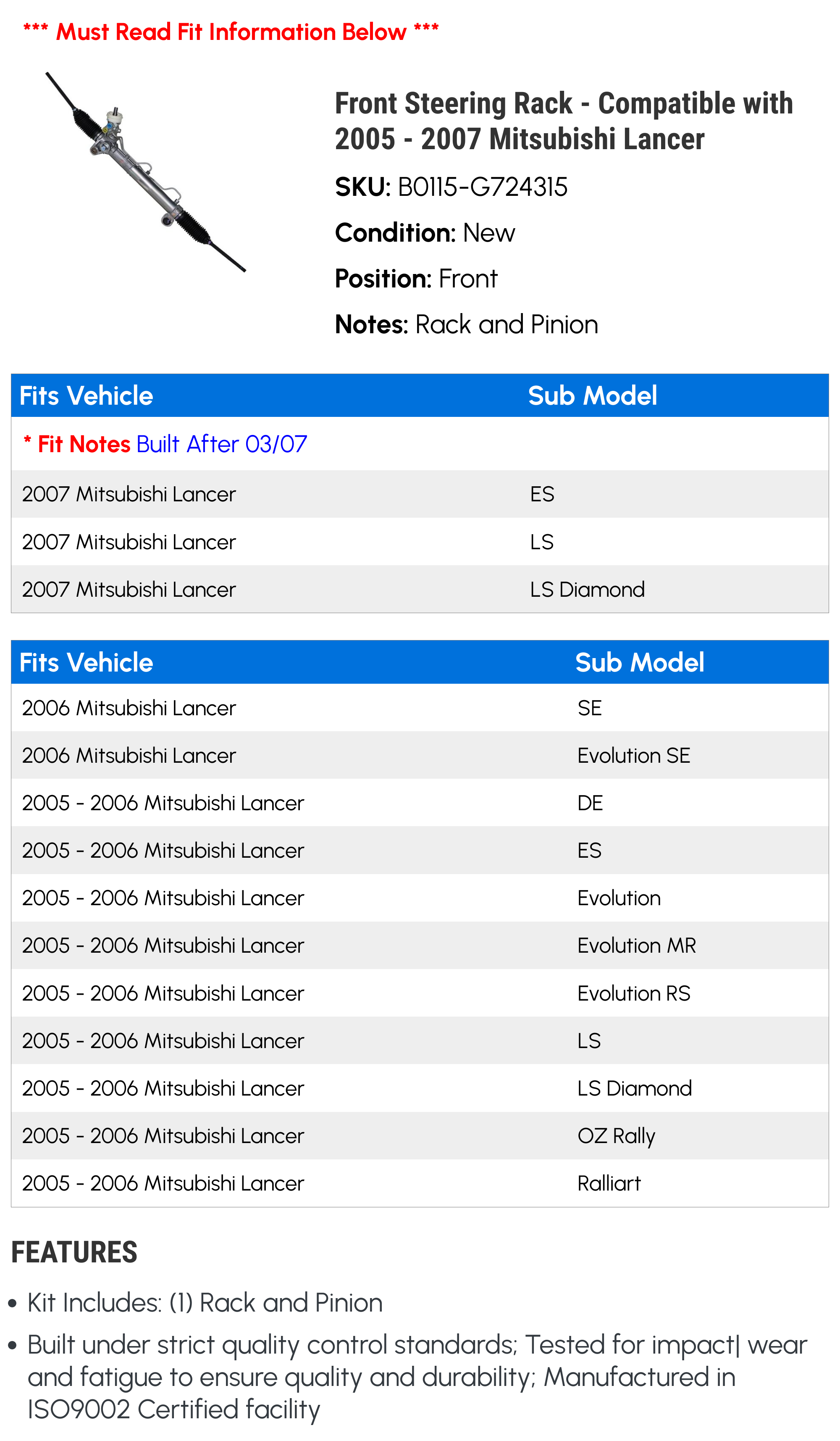 Front Steering Rack - Compatible with 2005 - 2007 Mitsubishi Lancer 2006