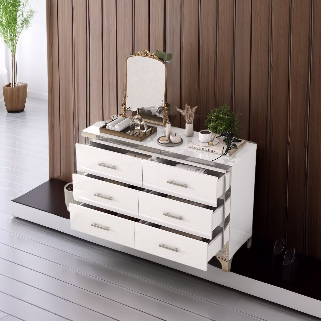 Elegant High Gloss Dresser with Six Drawers, Mirrored Storage Cabinet with Metal Handle, Six-Drawer Dresser, Double Dresser Chest for Living Room