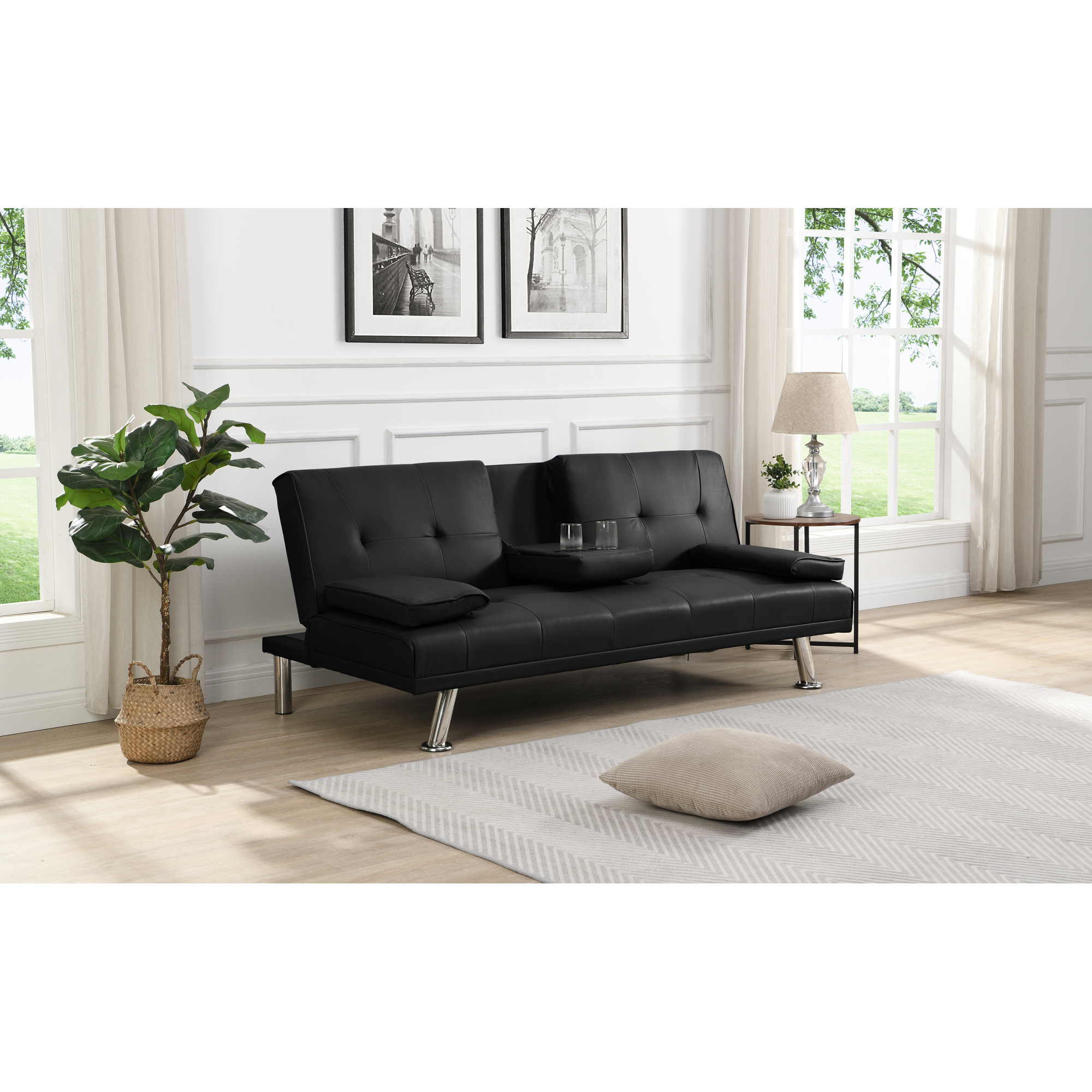 Sofa Bed with Armrest two holders WOOD FRAME, STAINLESS LEG, FUTON BLACK PVC