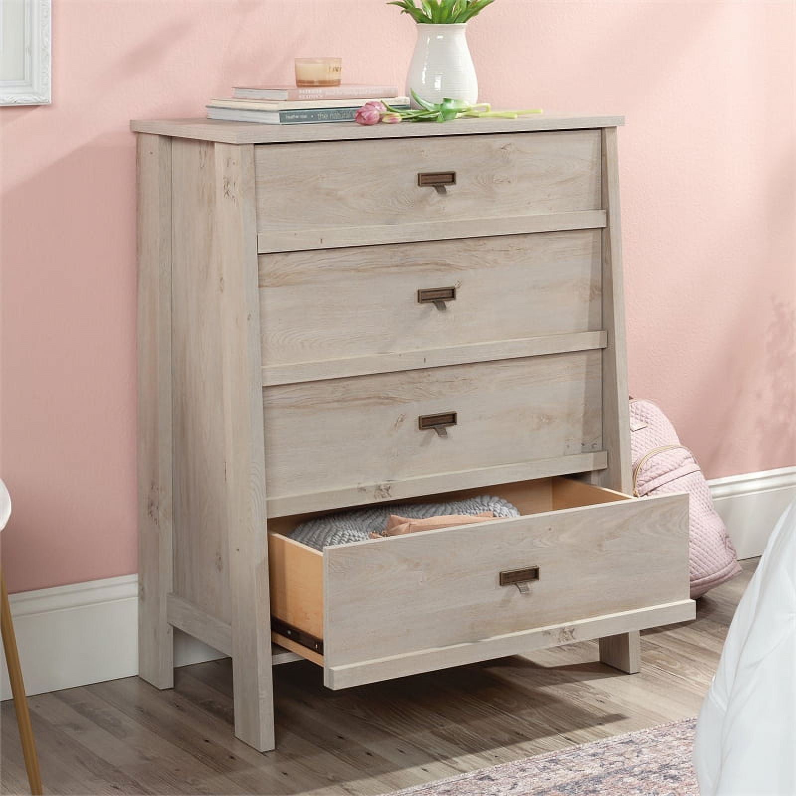 Sauder Trestle 4-Drawer Bedroom Dresser in Chalked Dressernut, Chalked Chestnut Finish