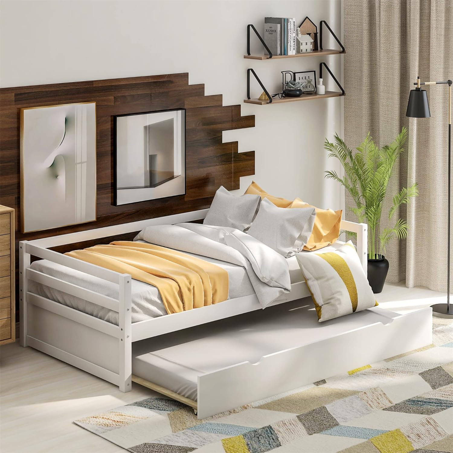 Daybed With Trundle, Solid Wood Bed Frame, White