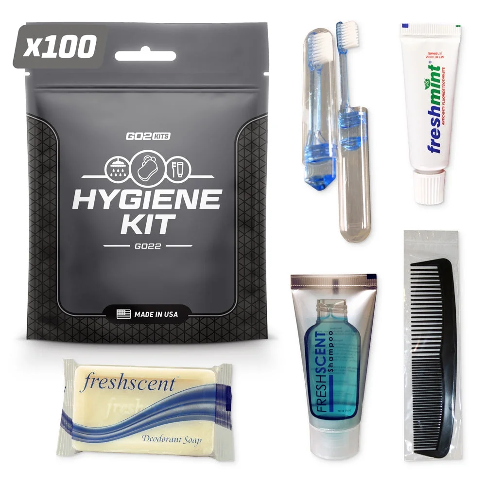 Go2Kits 100-PACK Hygiene Toiletry Travel PPE Kits for Travel, Business & Charity with Reusable Toothbrush, Bath Soap & Other Essential Toiletries
