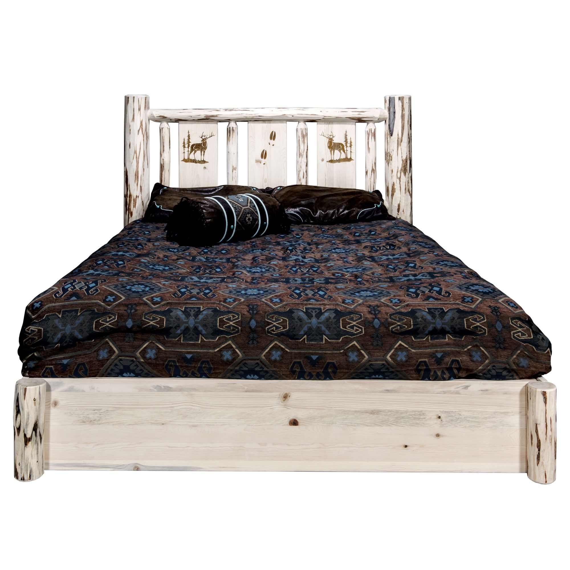Montana Woodworks  Montana Platform Bed with Storage, California King with Laser Engraved Elk Design, Clear Lacquer