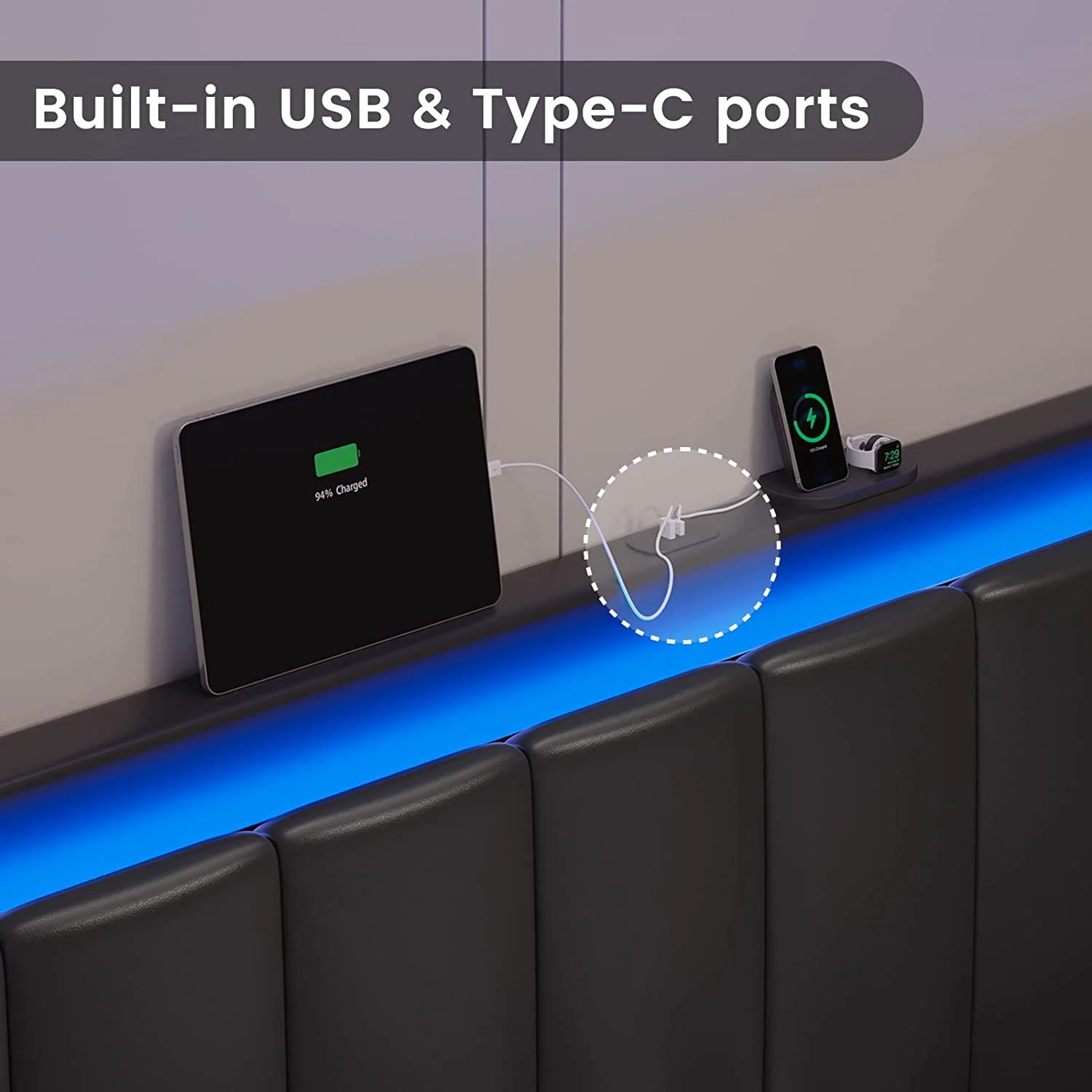 EPHEX Queen Bed Frame with Headboard and LED Light,Vegan Leather Upholstered Platform Bed, No Box Spring Needed, White