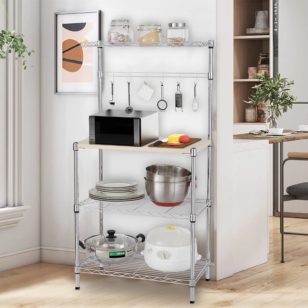 Metal Kitchen Bakers Rack, iRerts 4 Tier Metal Kitchen Organization Shelf Rack with 4 Hooks, Adjustable Shelves and Wood Table, Microwave Oven Stand Coffee Bar Table Station for kitchen Office, Silver