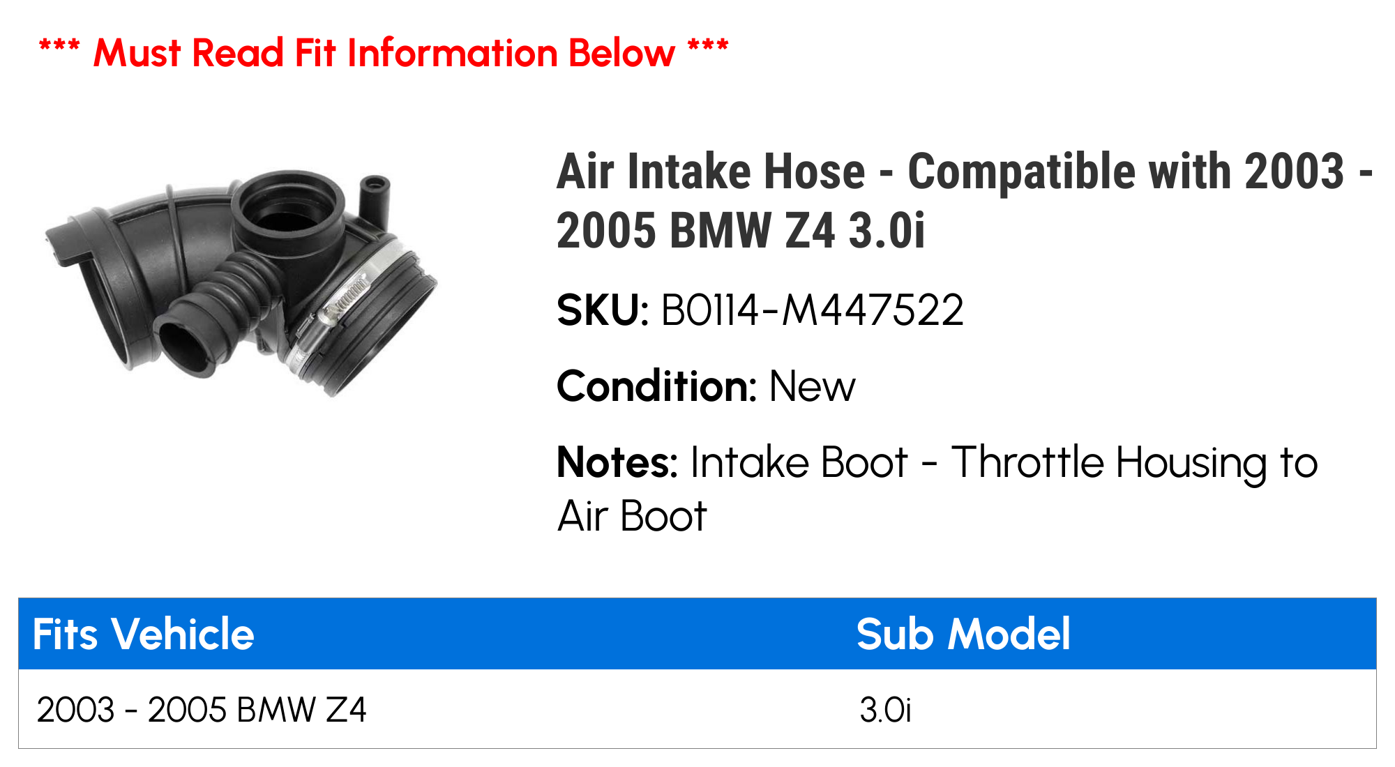 Air Intake Hose - Compatible with 2003 - 2005 BMW Z4 3.0i 2004