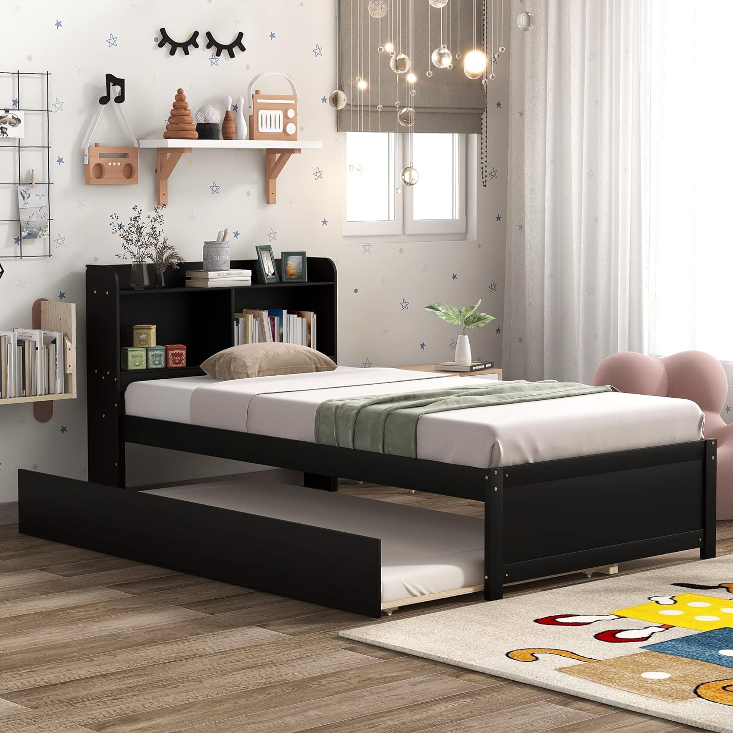 Size Platform Bed With Trundle And Bookcase, Wooden Storage Platform Bed With Storage Headboard, No Spring Box Needed, Espresoo
